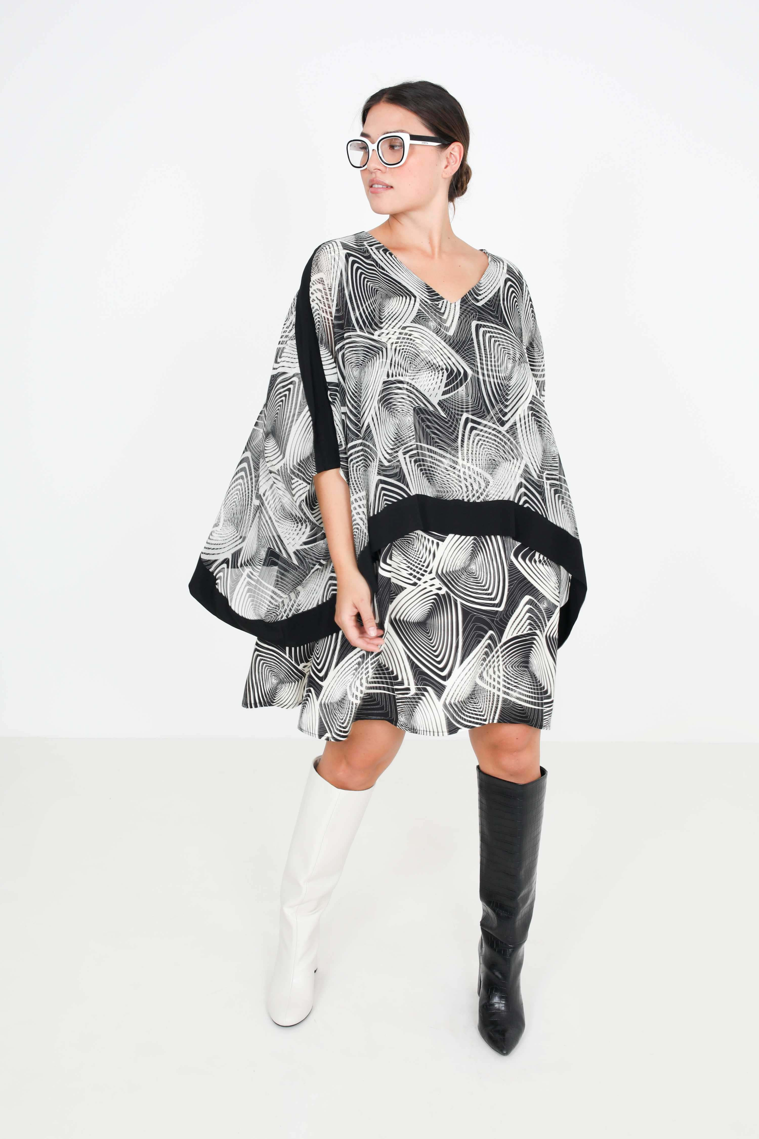 Long satin tunic with printed voile overlay