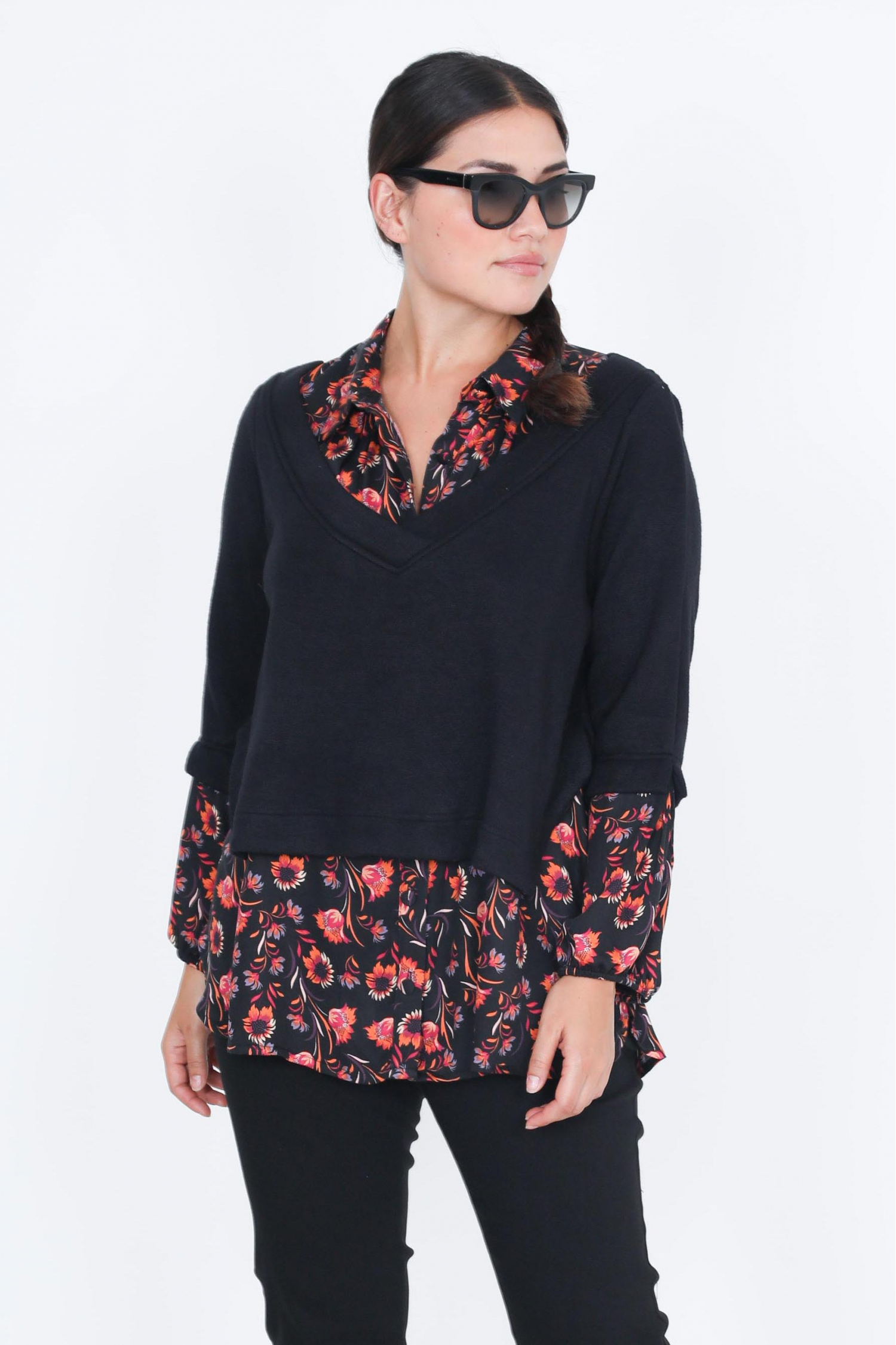 Plain knit sweater with printed layering effect