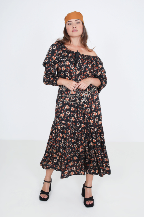 Robe longue volantée MILLA au style bohème 70% soie imprimée