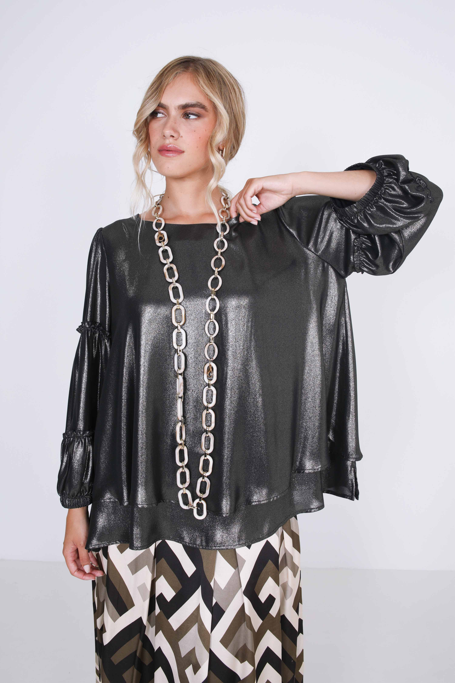 A-line blouse with sequin effect overlay