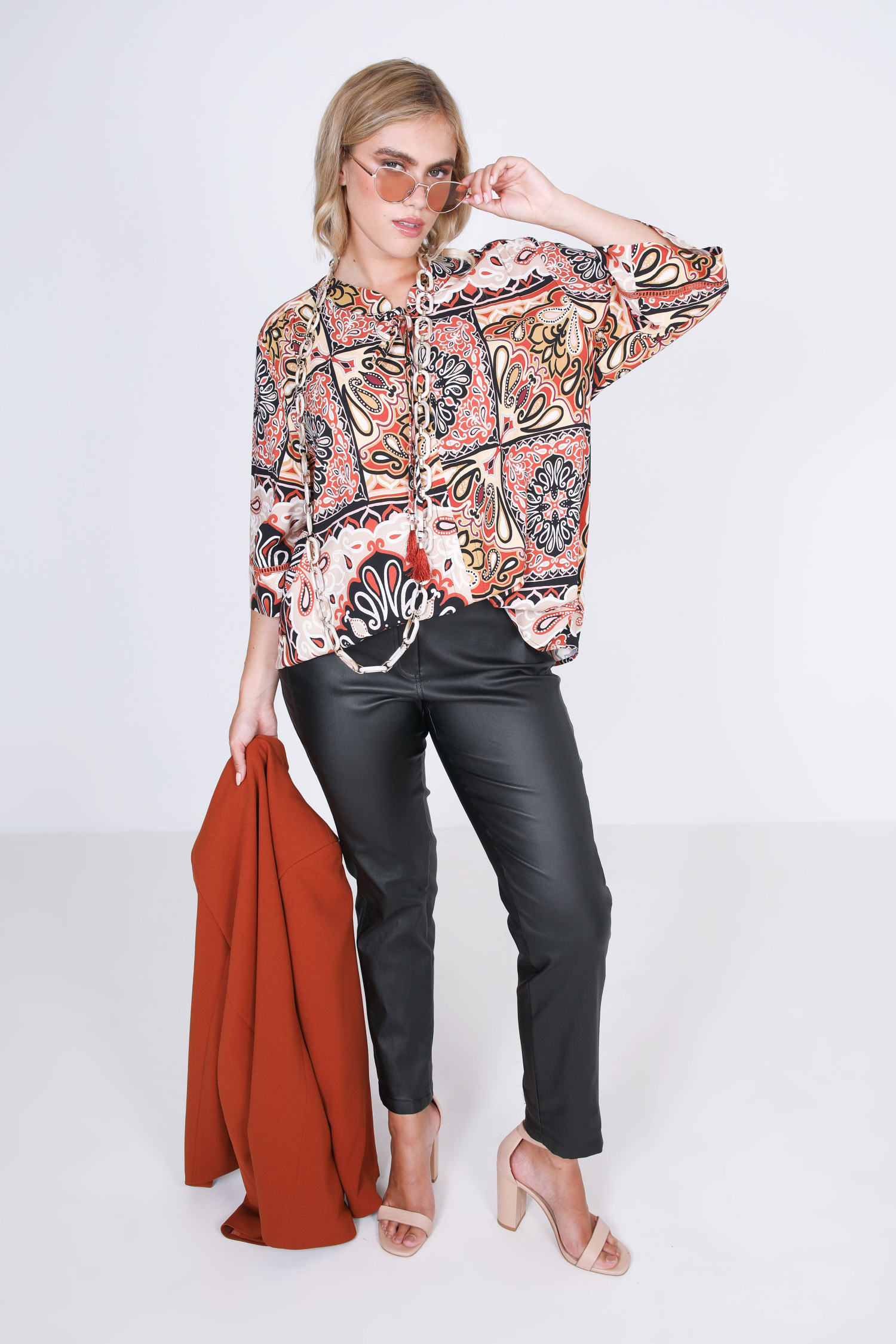 Mao collar printed blouse with braid