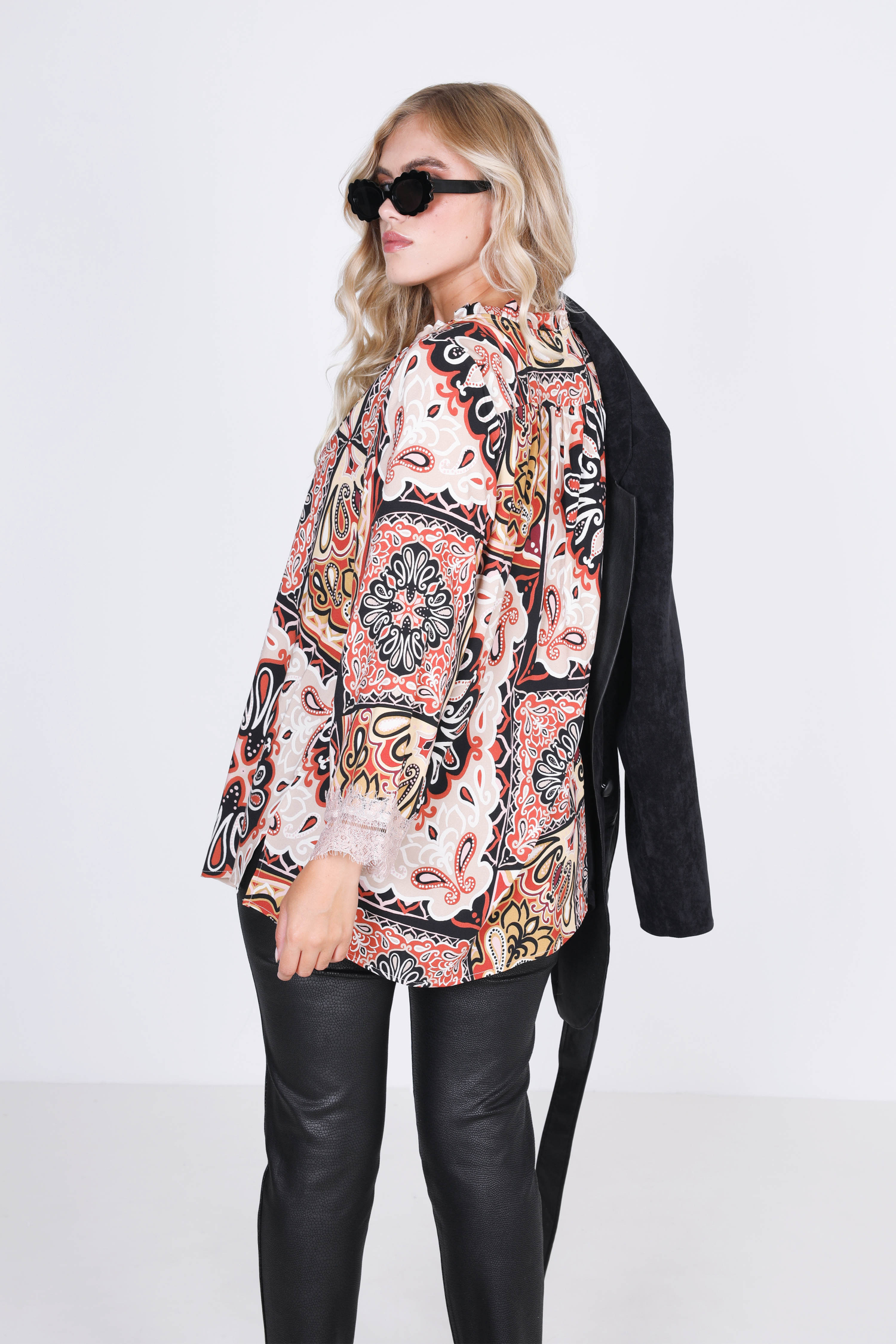 printed blouse with lace trim