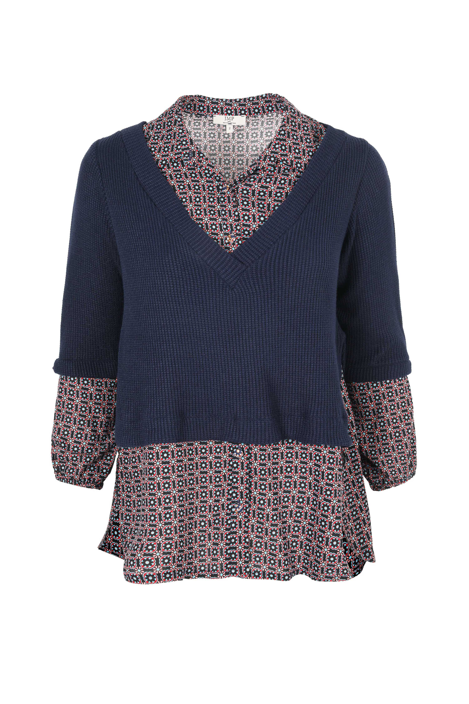 Plain knit sweater with printed layering effect