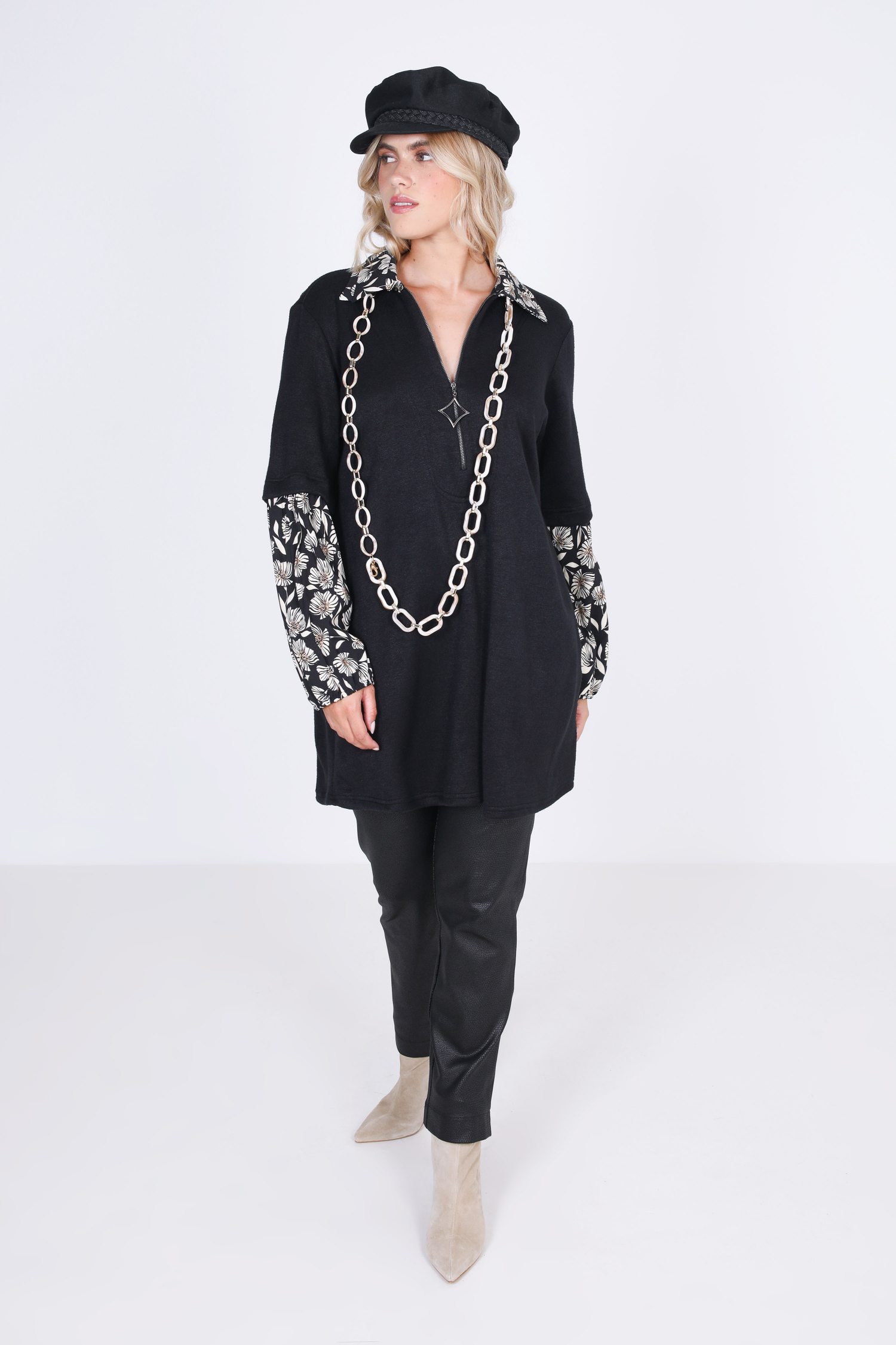Plain knit and printed viscose tunic with zip