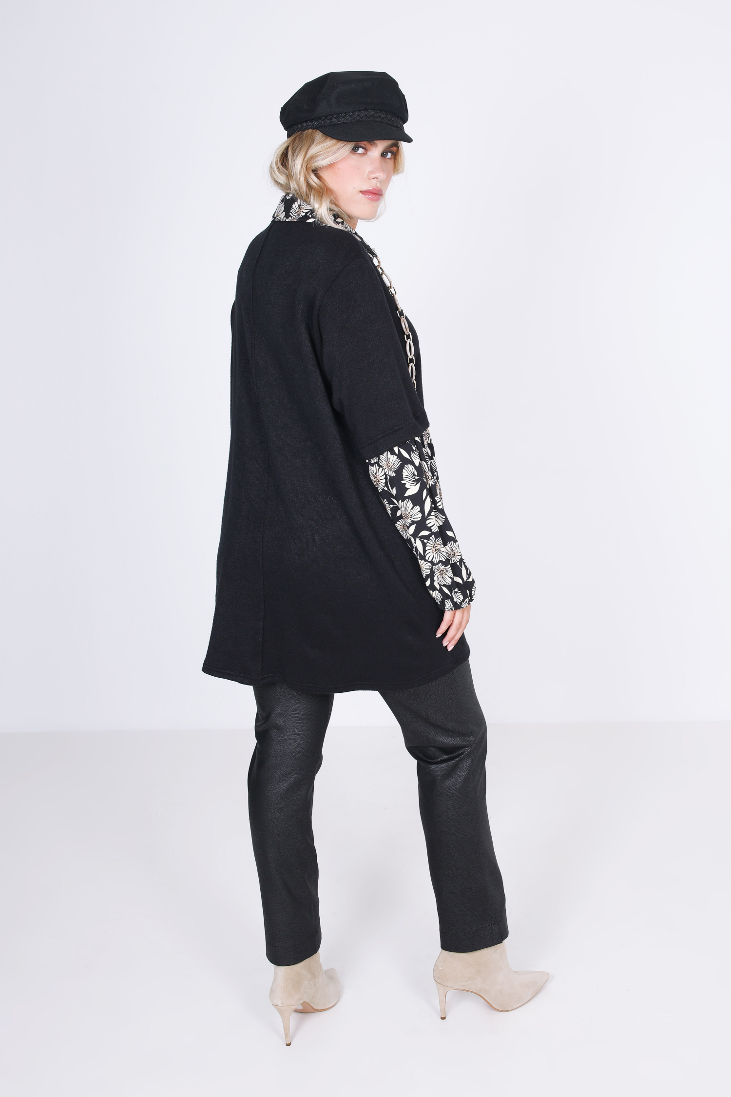 Plain knit and printed viscose tunic with zip