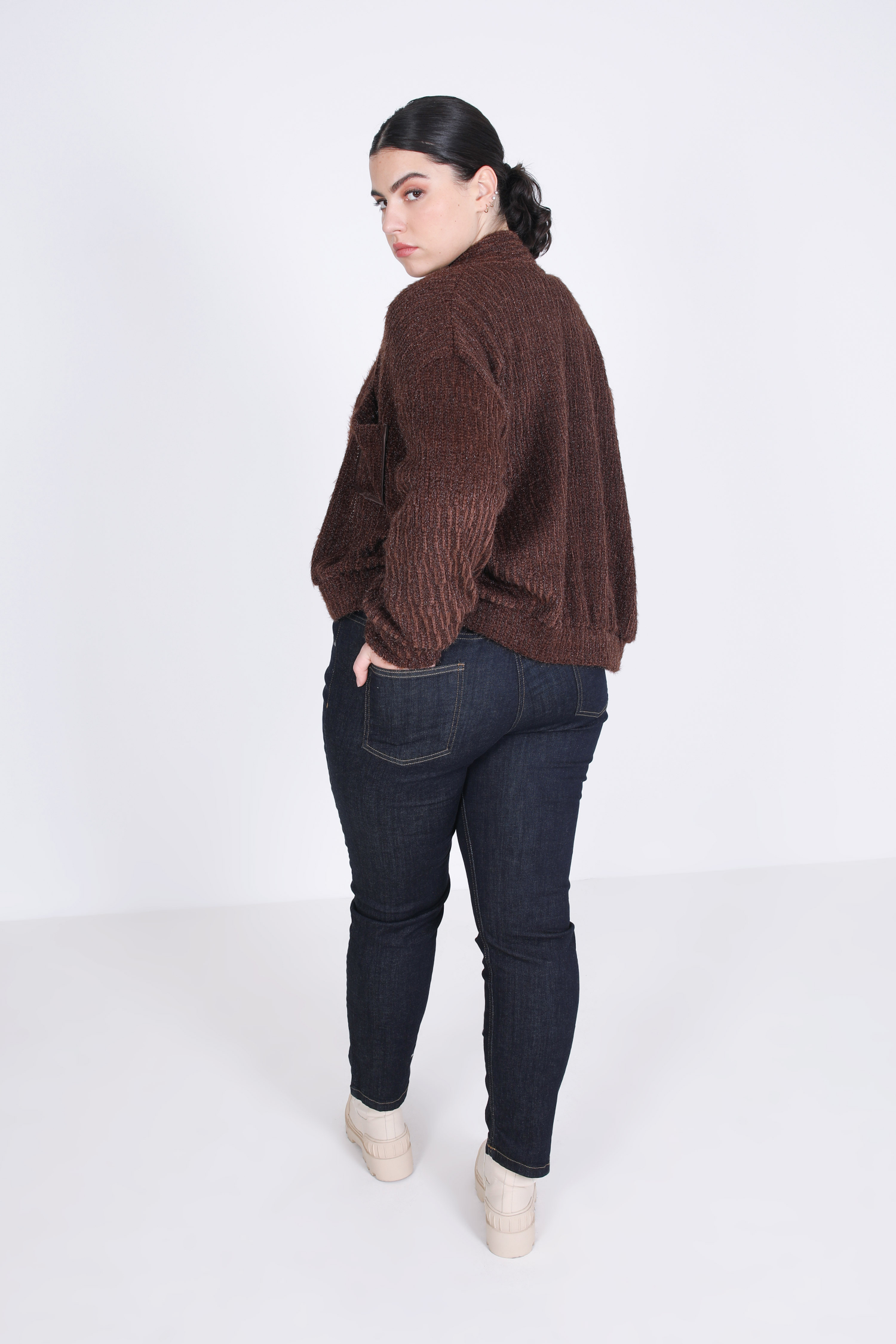 Short plain knit cardigan with cable effect