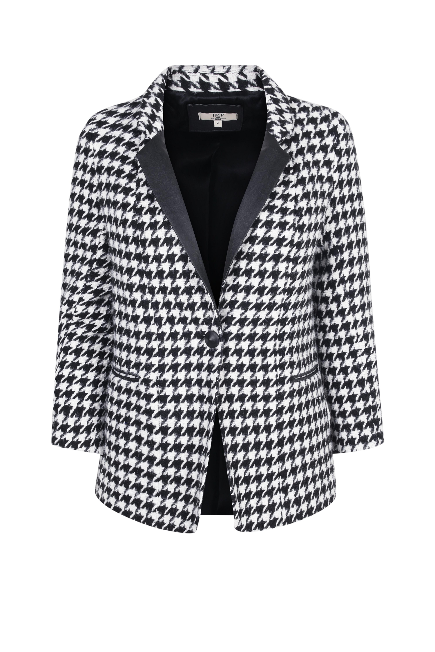 Tailored jacket with houndstooth print and vegan leather