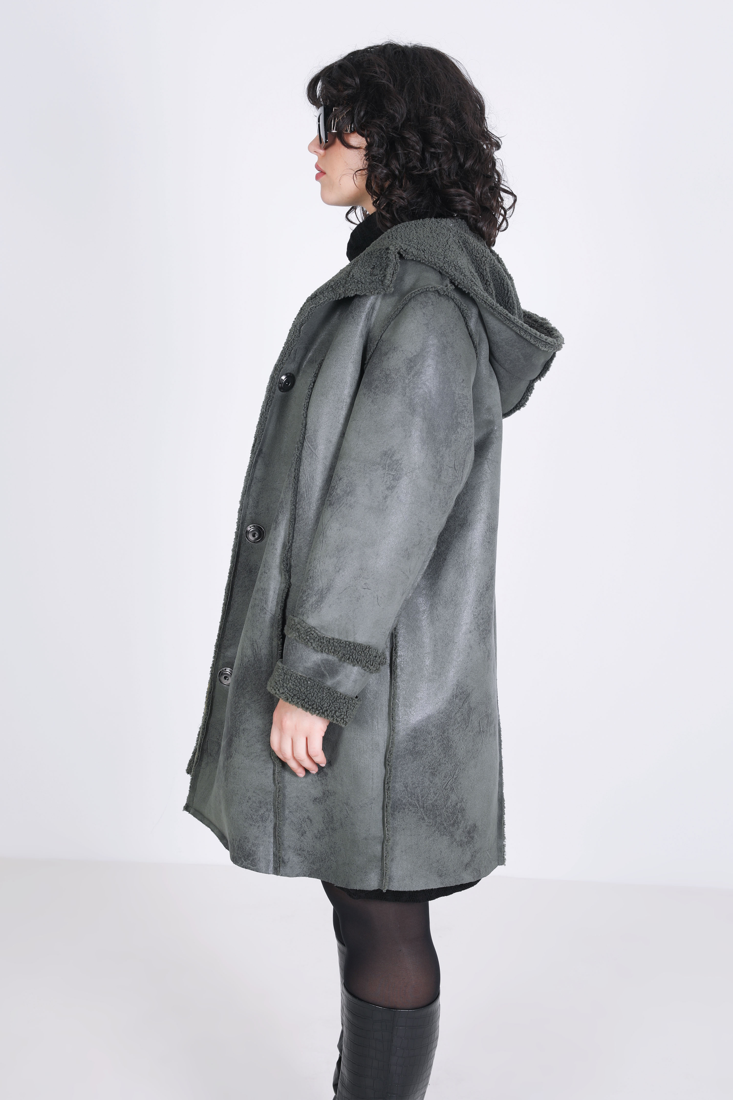 7/8 faux sheepskin coat with hood