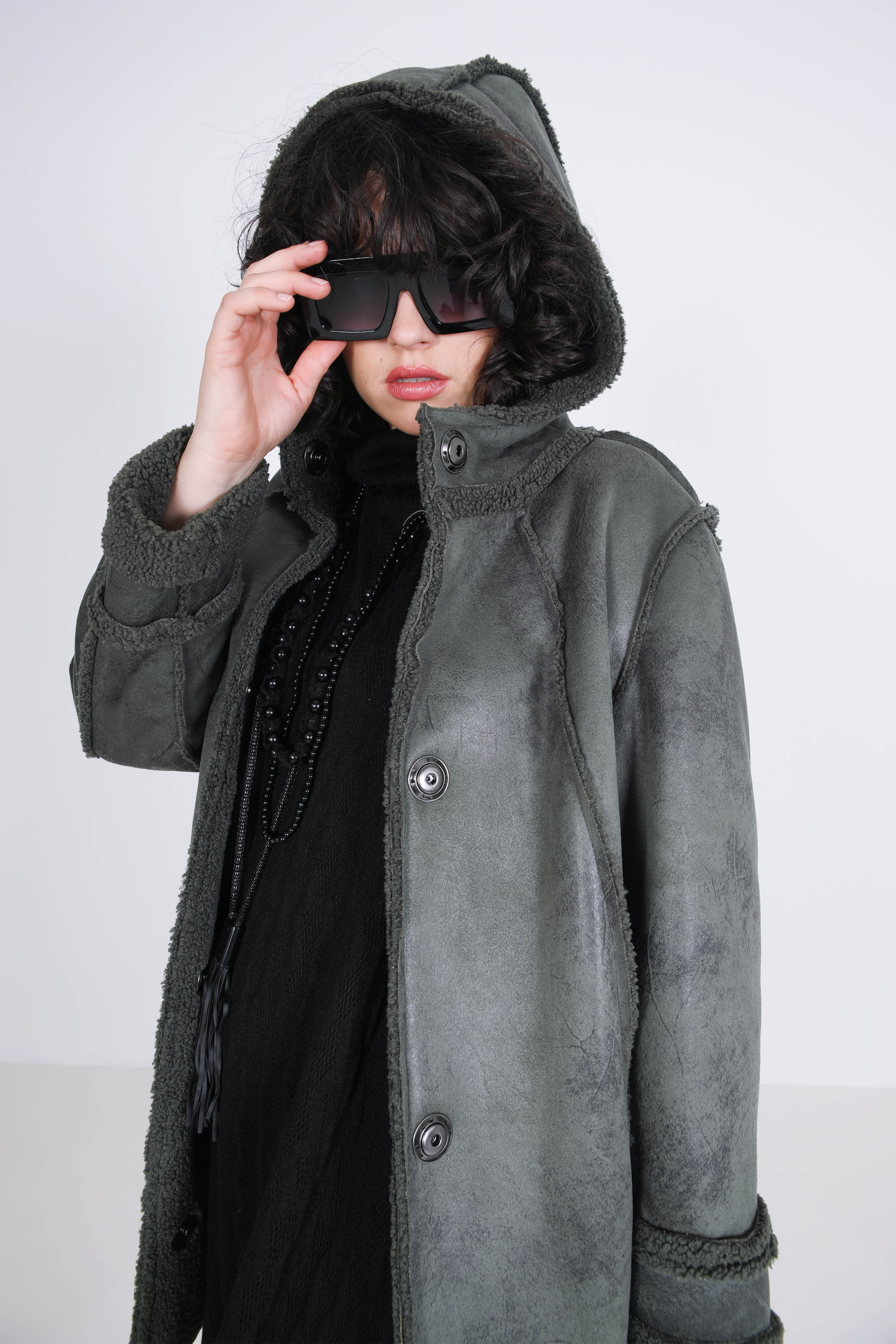 7/8 faux sheepskin coat with hood