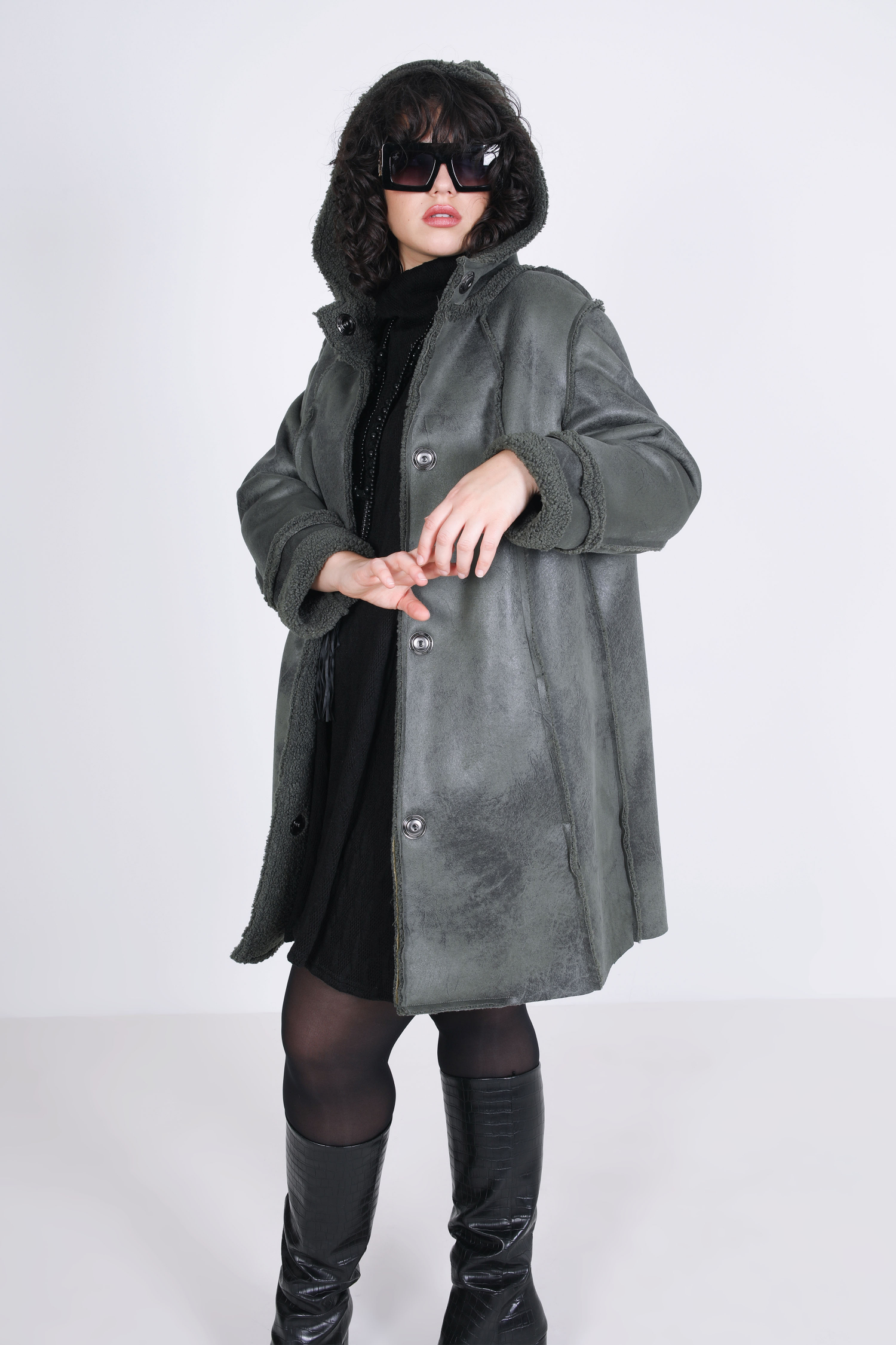 7/8 faux sheepskin coat with hood