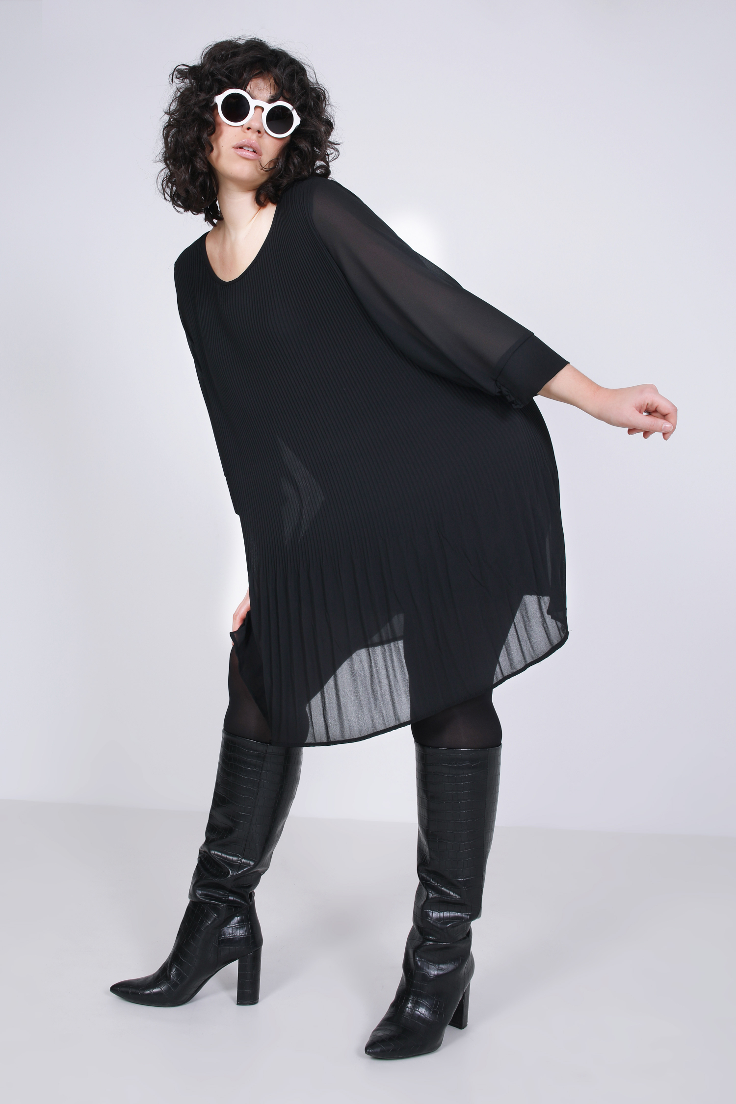 Lined pleated voile dress