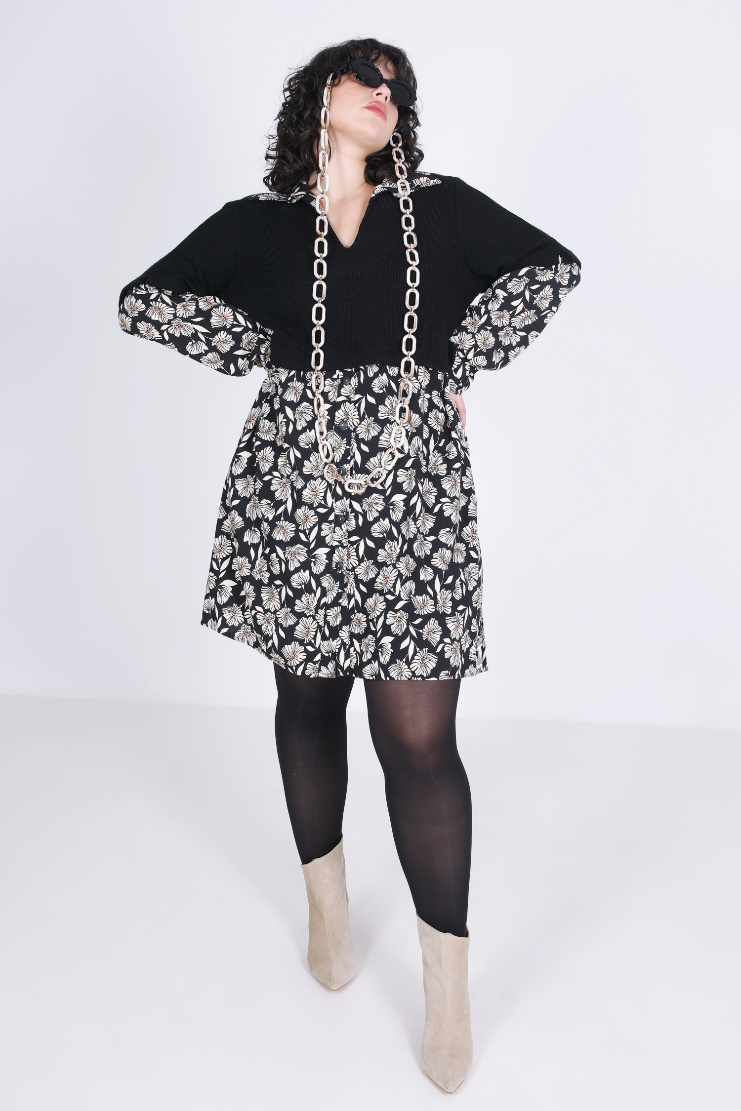 Mixed-material dress in plain knit and printed two-in-one effect