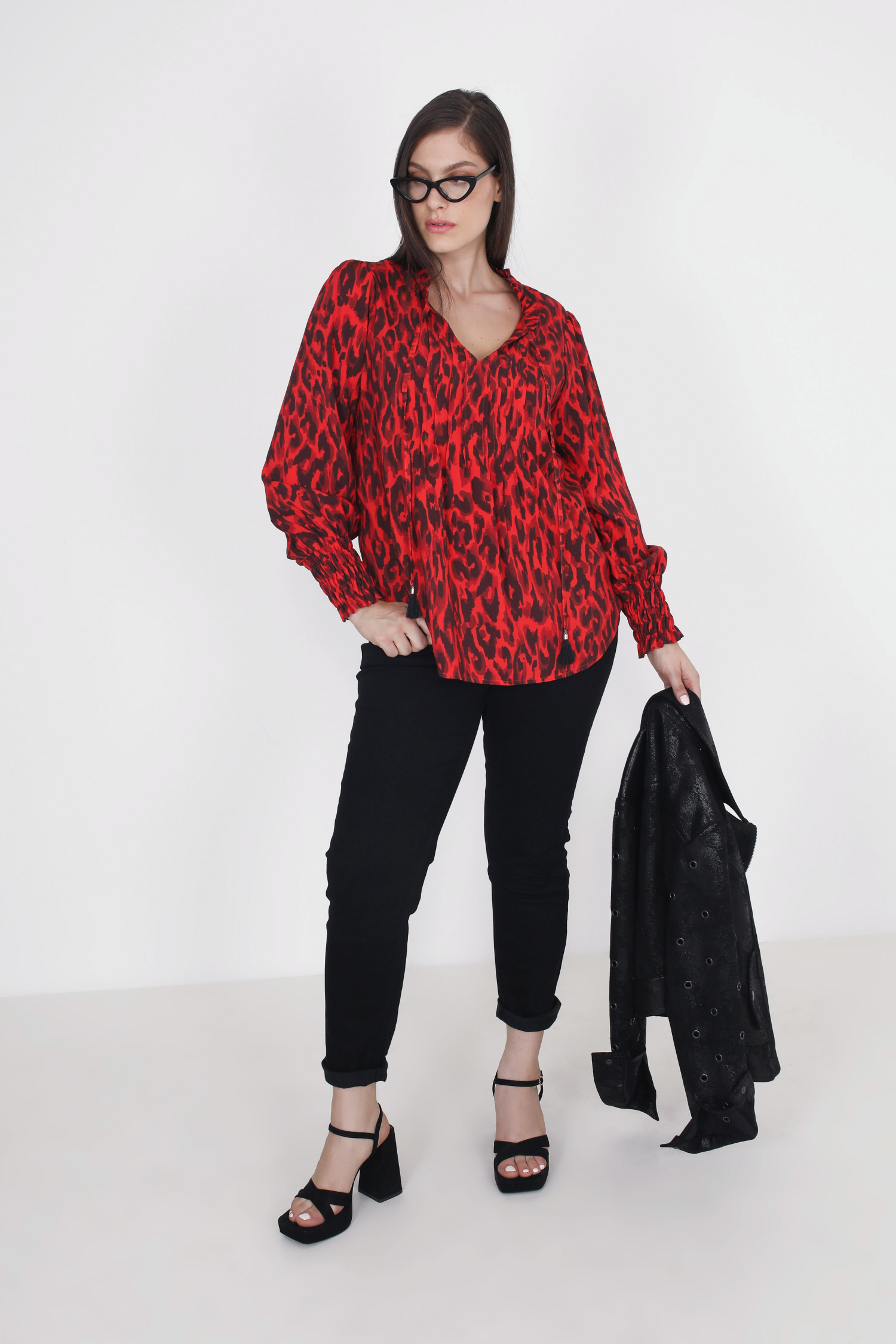 Red panther print blouse