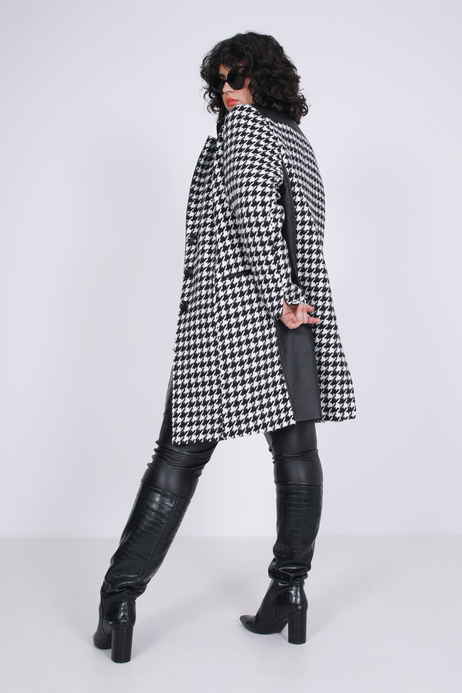 7/8 straight tailored coat in houndstooth and vegan leather