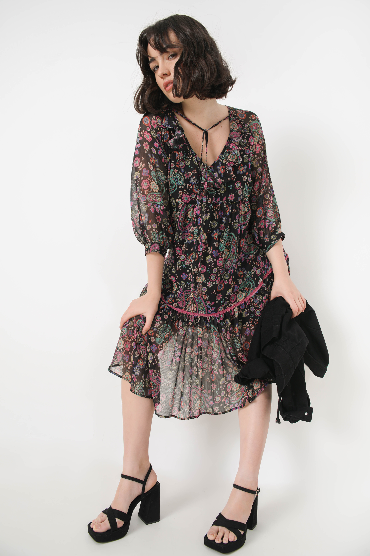 mid-length dress in floral print voile éco-responsable fabric