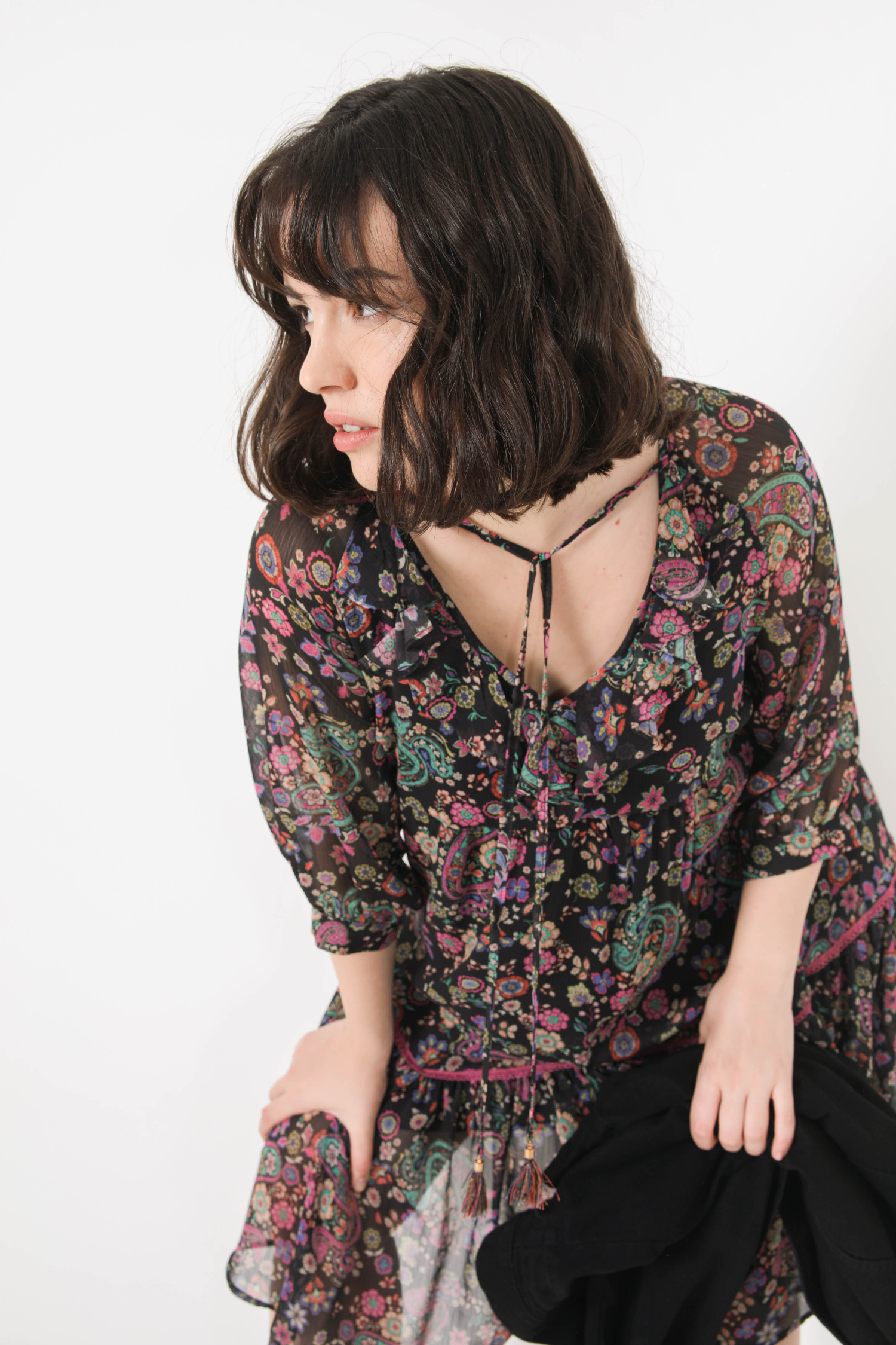 mid-length dress in floral print voile éco-responsable fabric