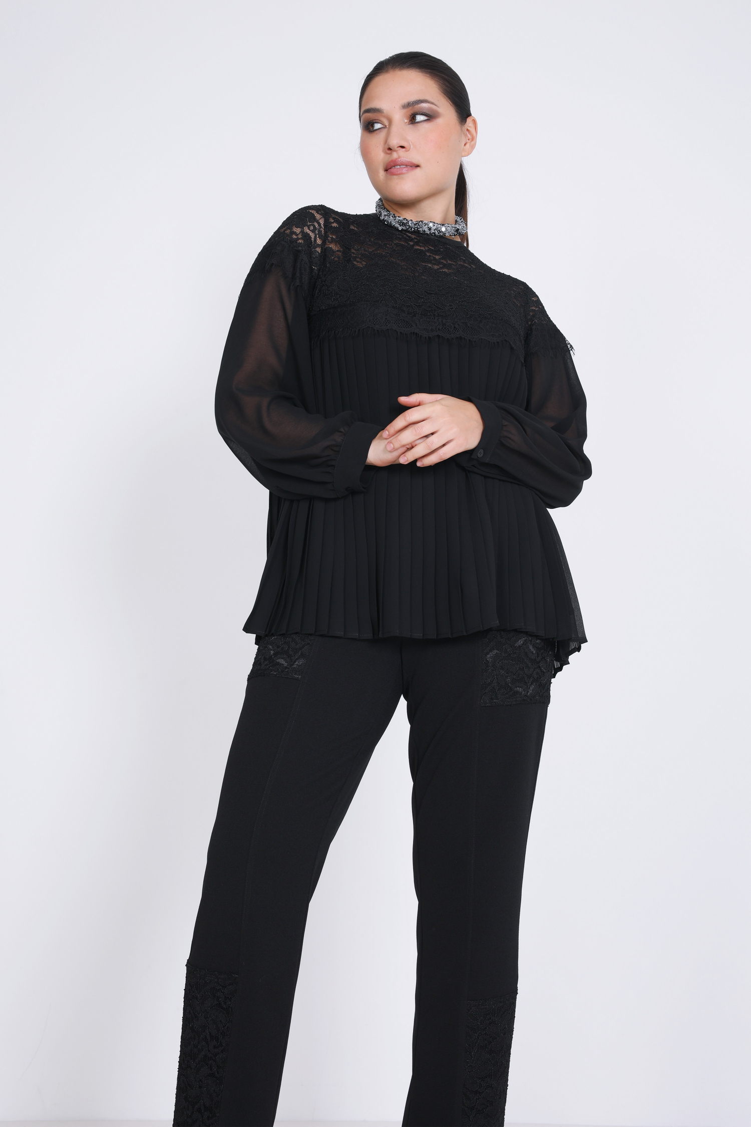 Pleated veil and lace blouse