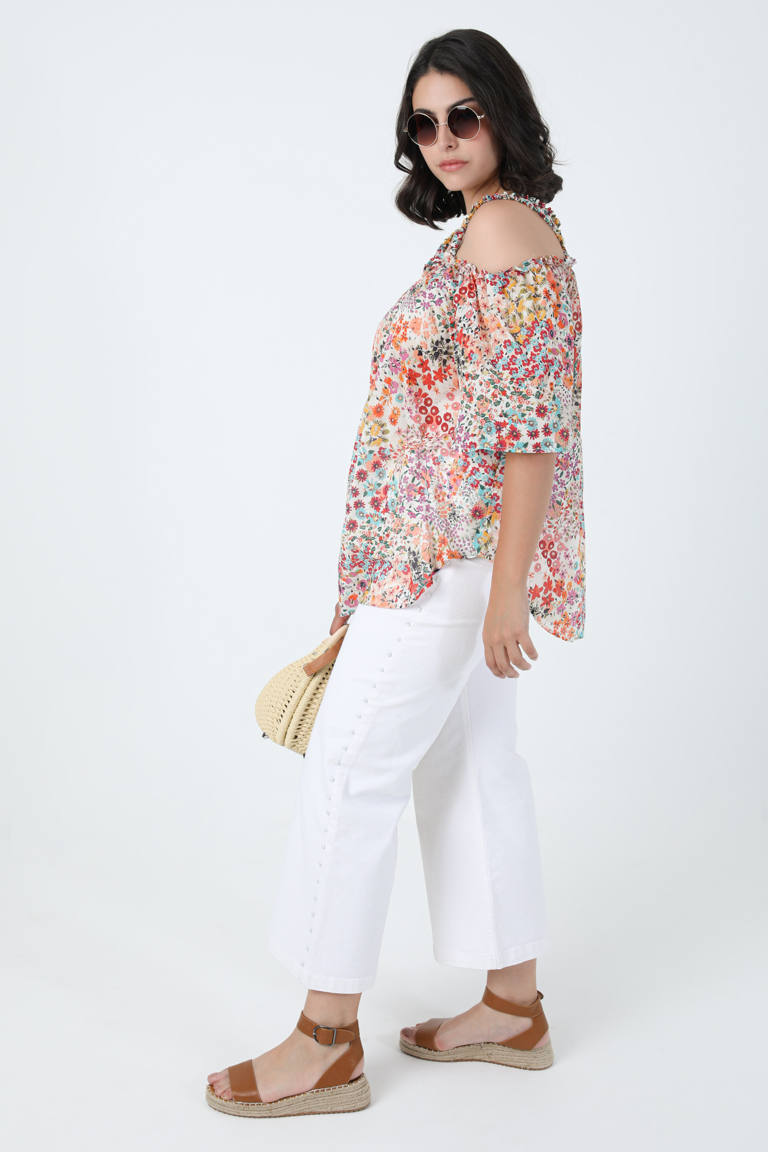 Printed cotton voile blouse with éco-responsable fabric straps