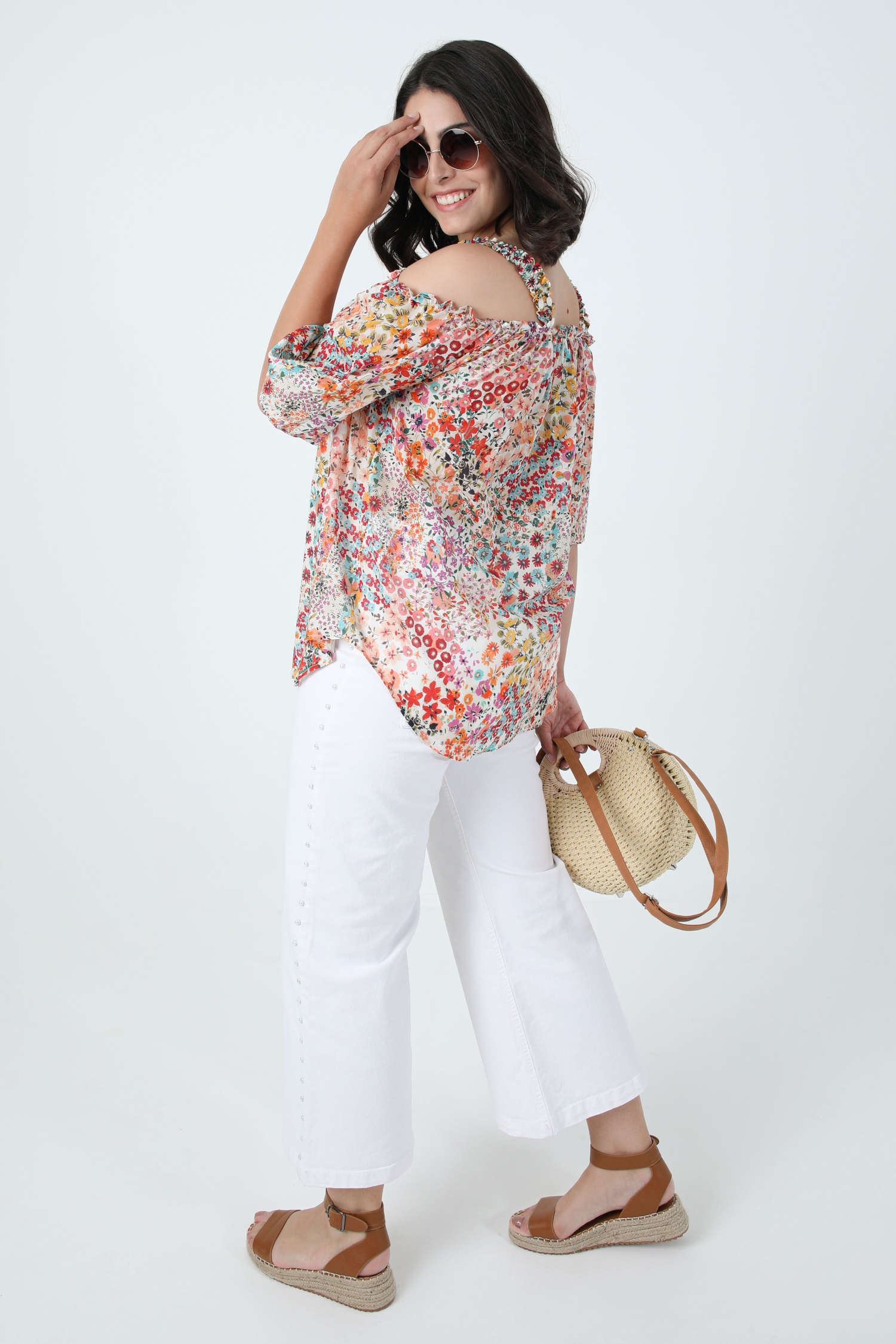 Printed cotton voile blouse with éco-responsable fabric straps