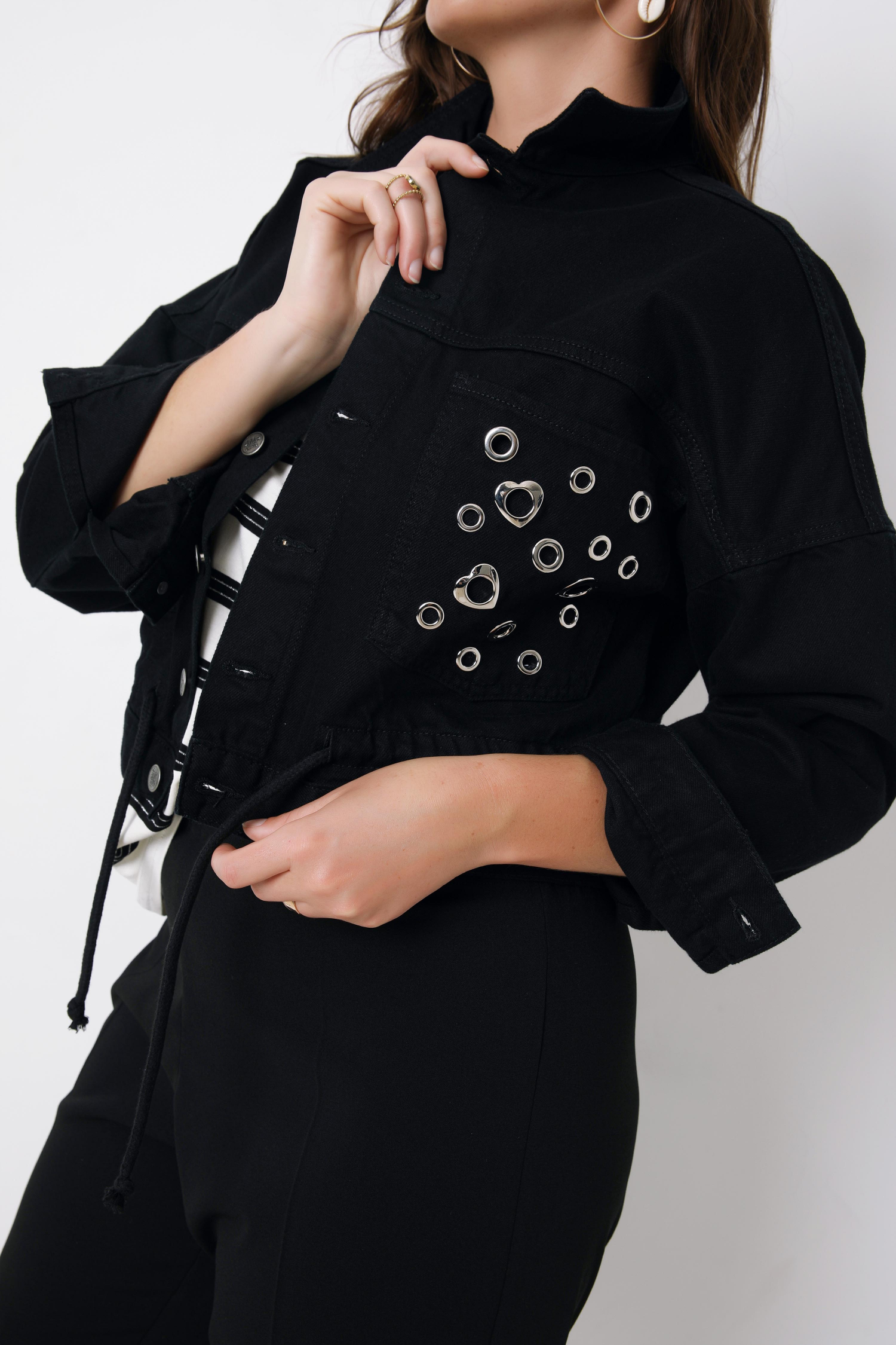 short black denim jacket with eyelets