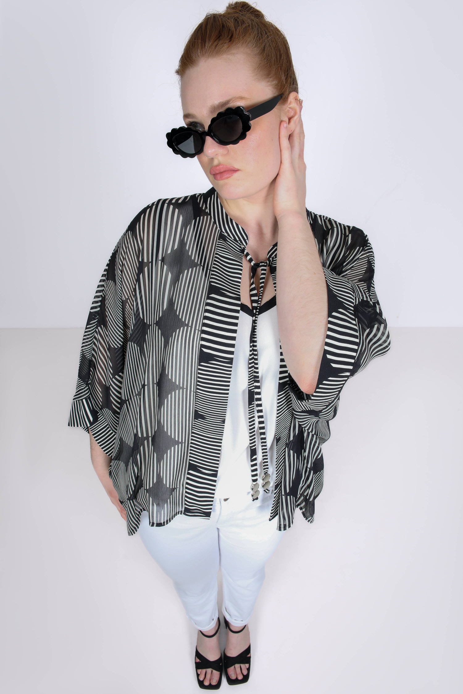 Oversized printed voile cardigan with tank top