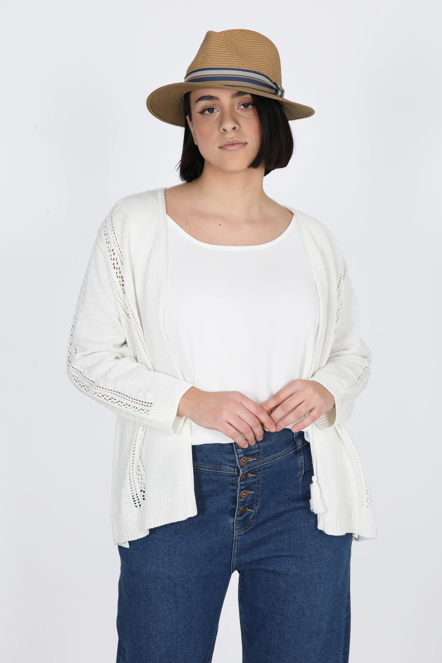 Plain knit cardigan with openwork band