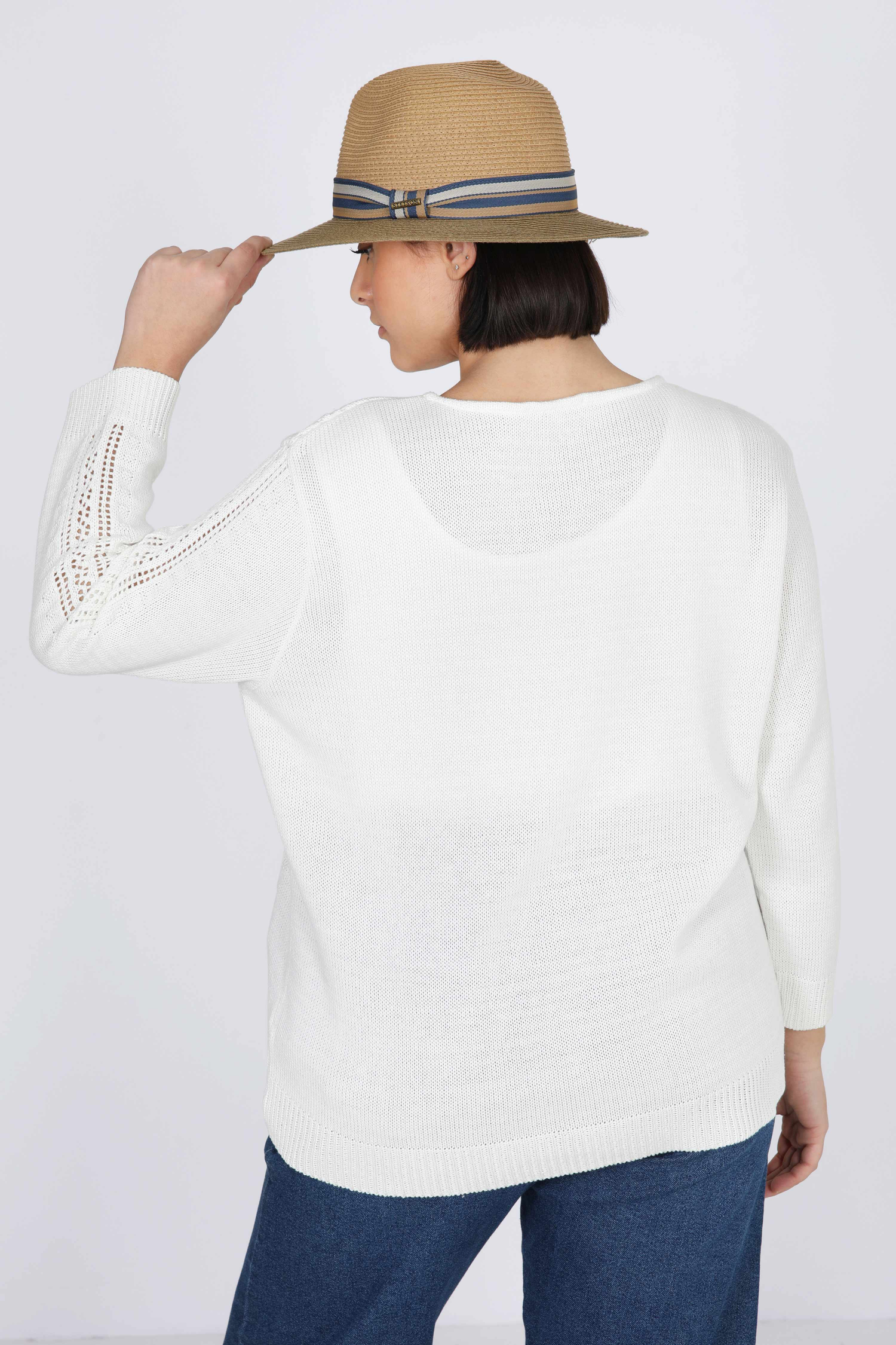 Knit sweater with openwork band