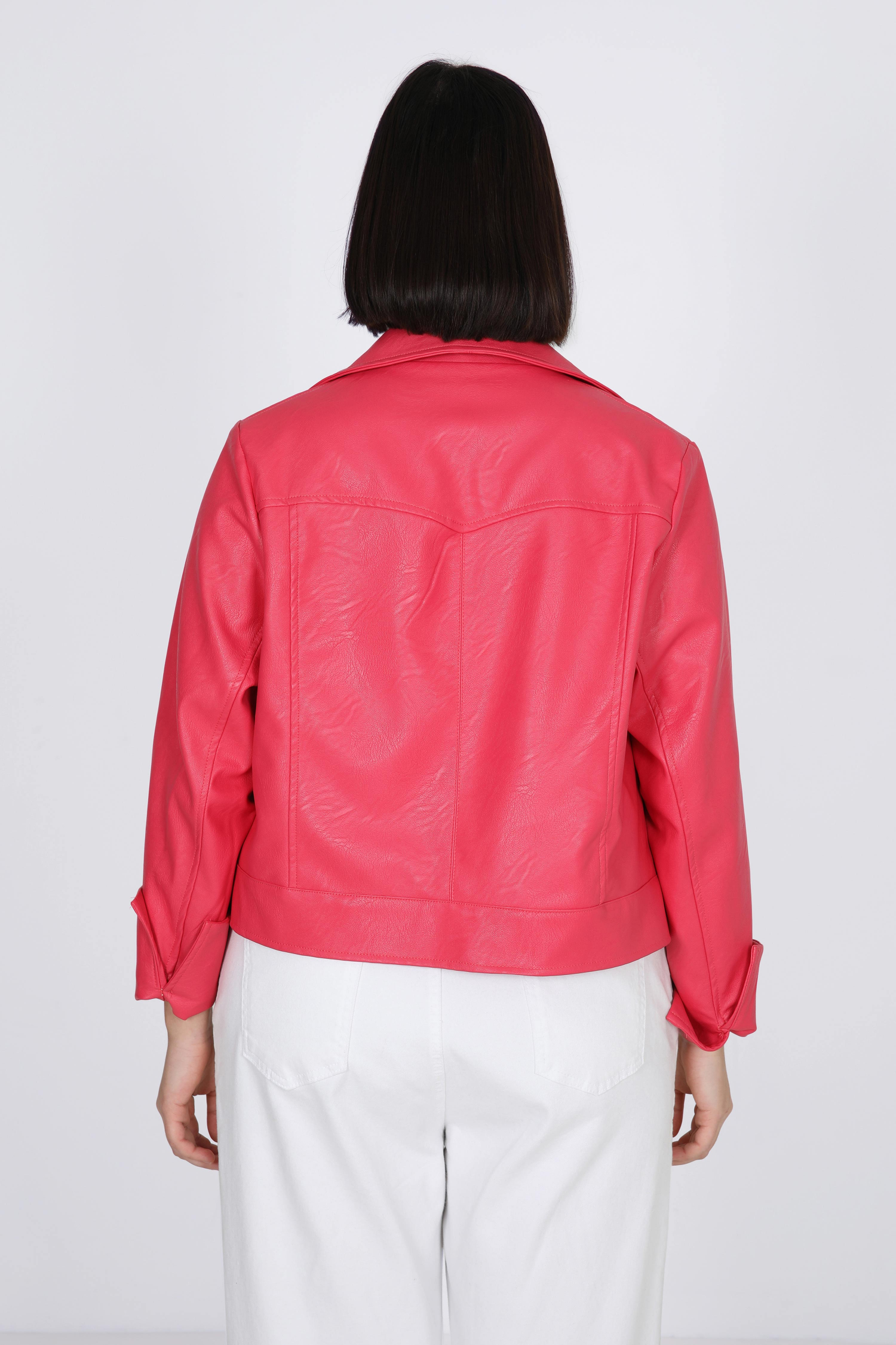 Short faux leather jacket with printed lining
