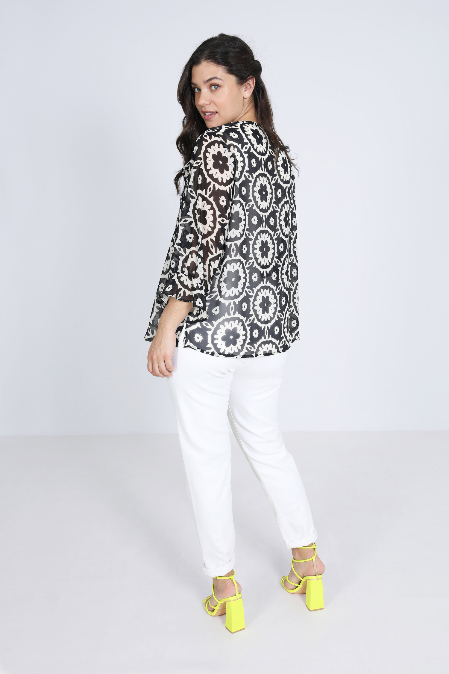 Printed voile blouse with cascading collar