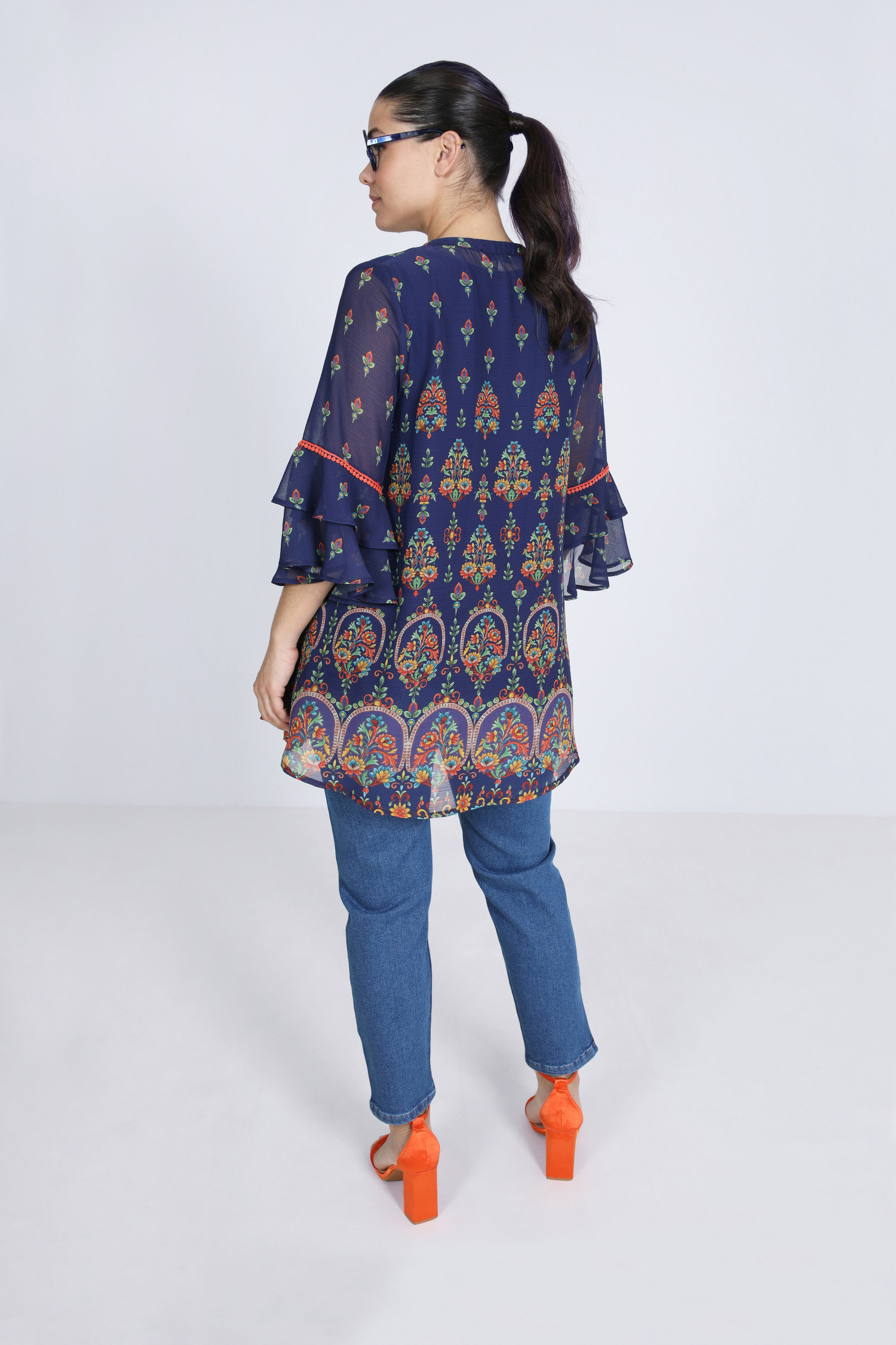Printed voile tunic with plain tank top
