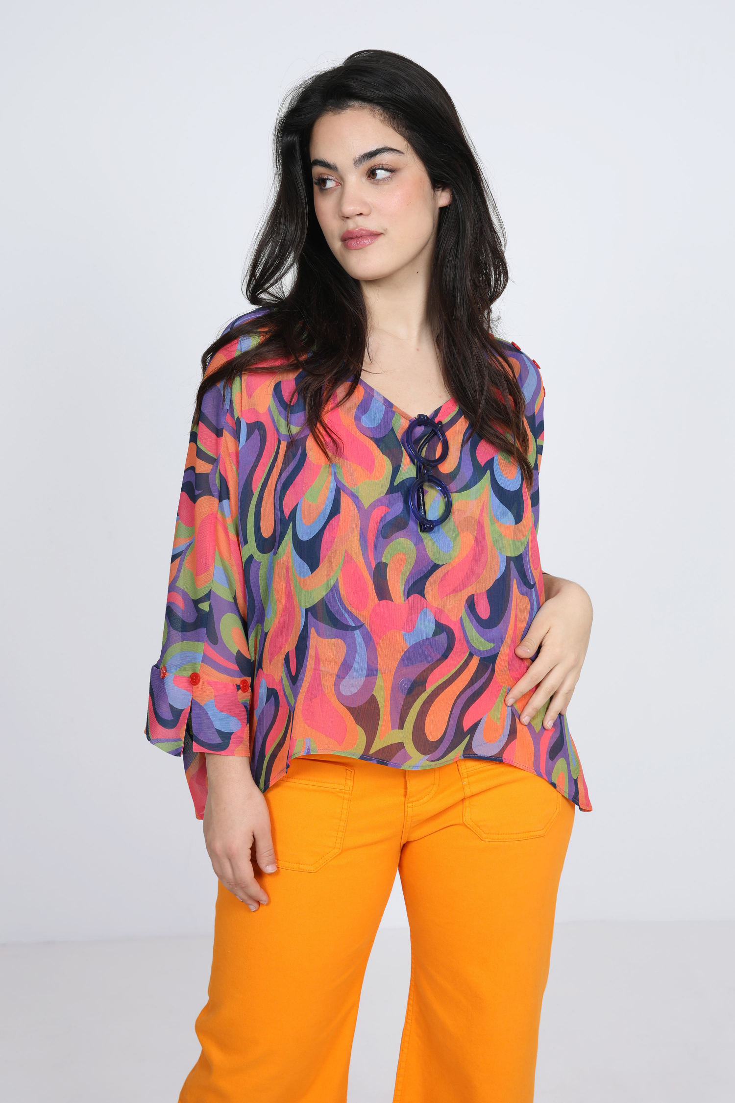 T-shaped printed voile blouse