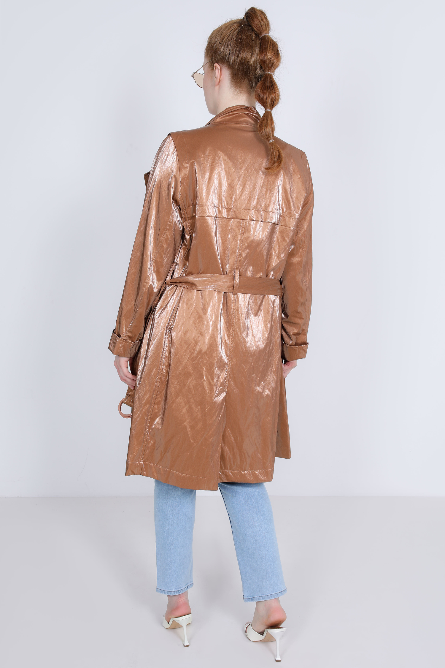 Coated-effect plain trench coat