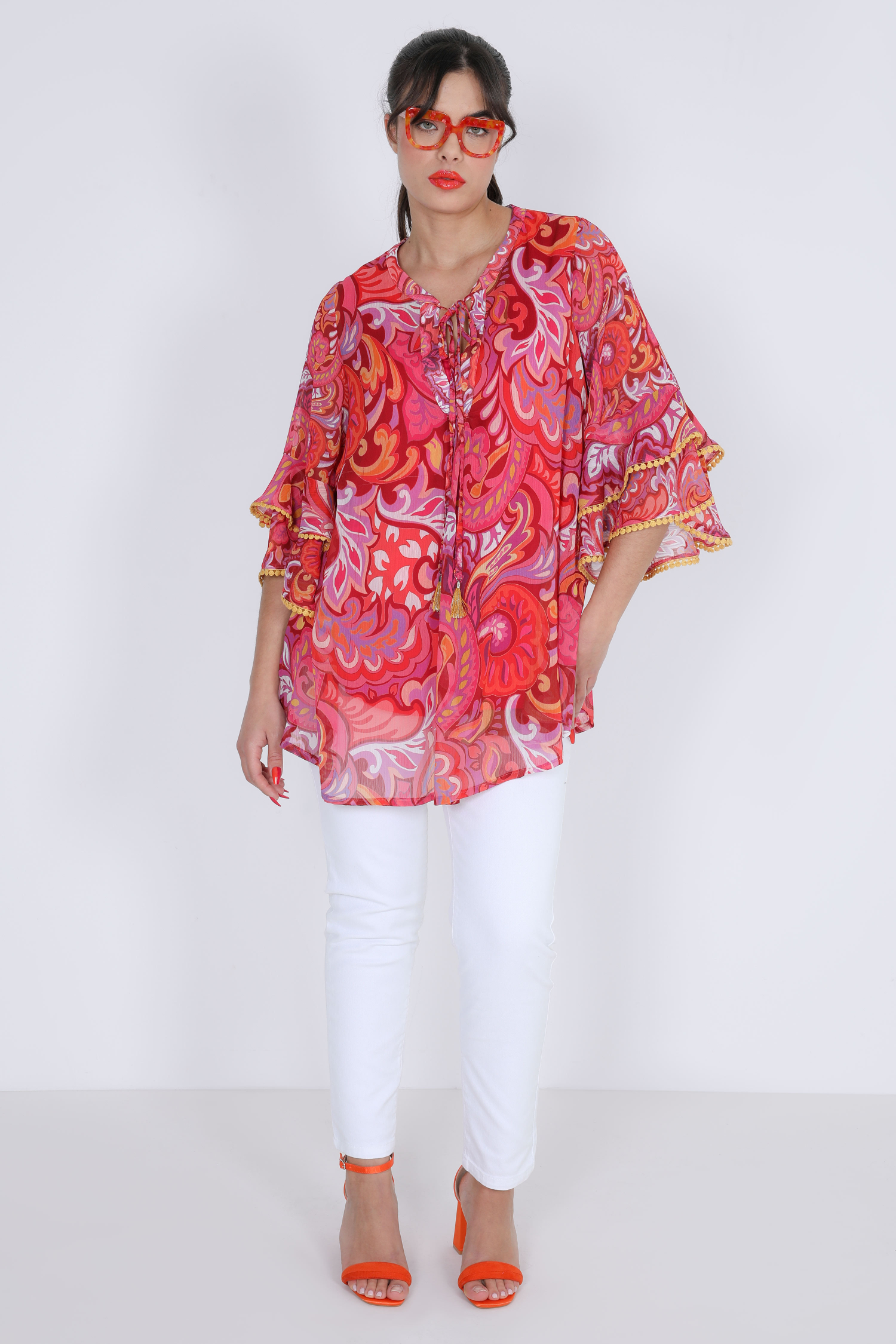 long blouse in printed voile with plain tank top