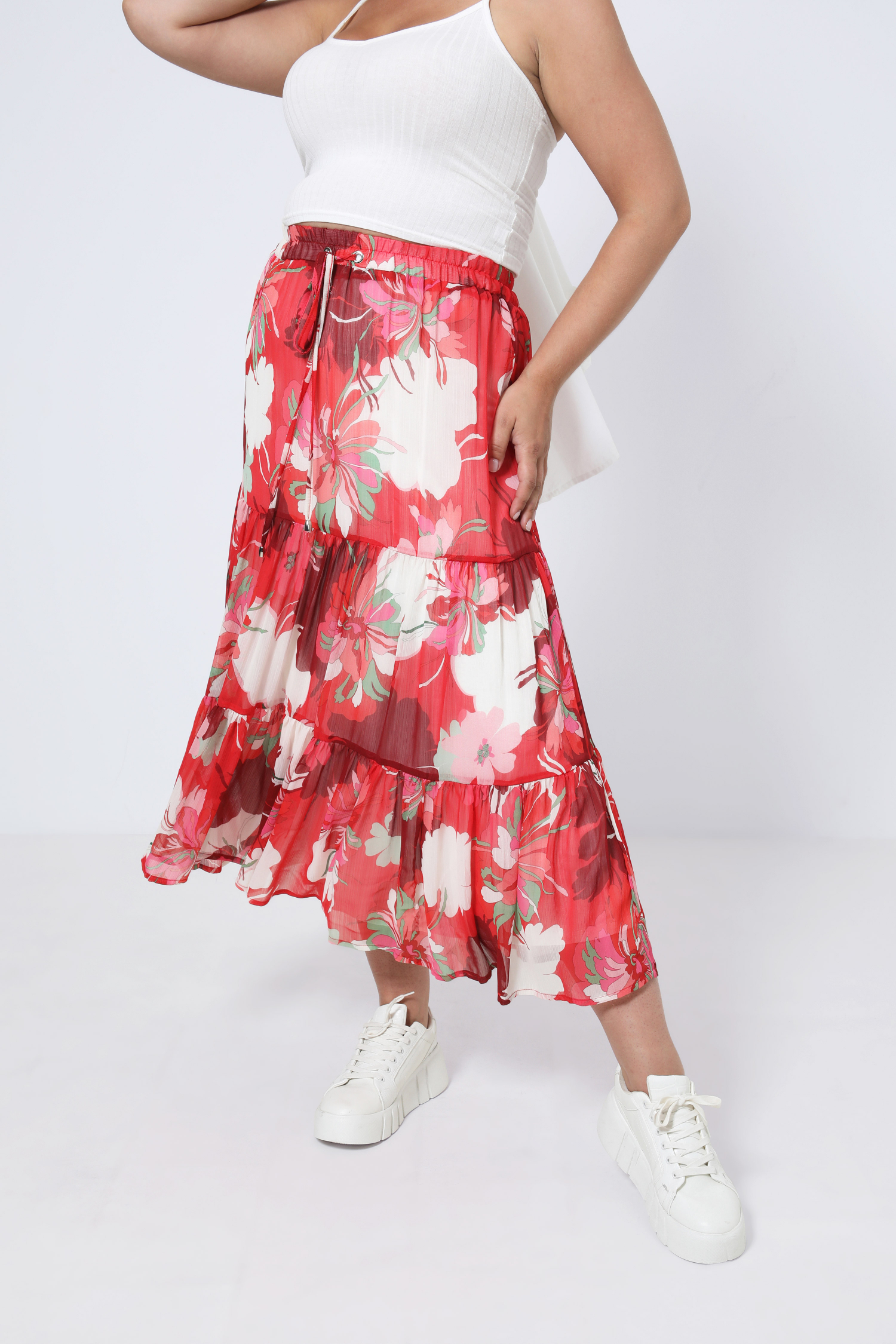 Bohemian style printed veil skirt with ruffles eco-responsible fabrics