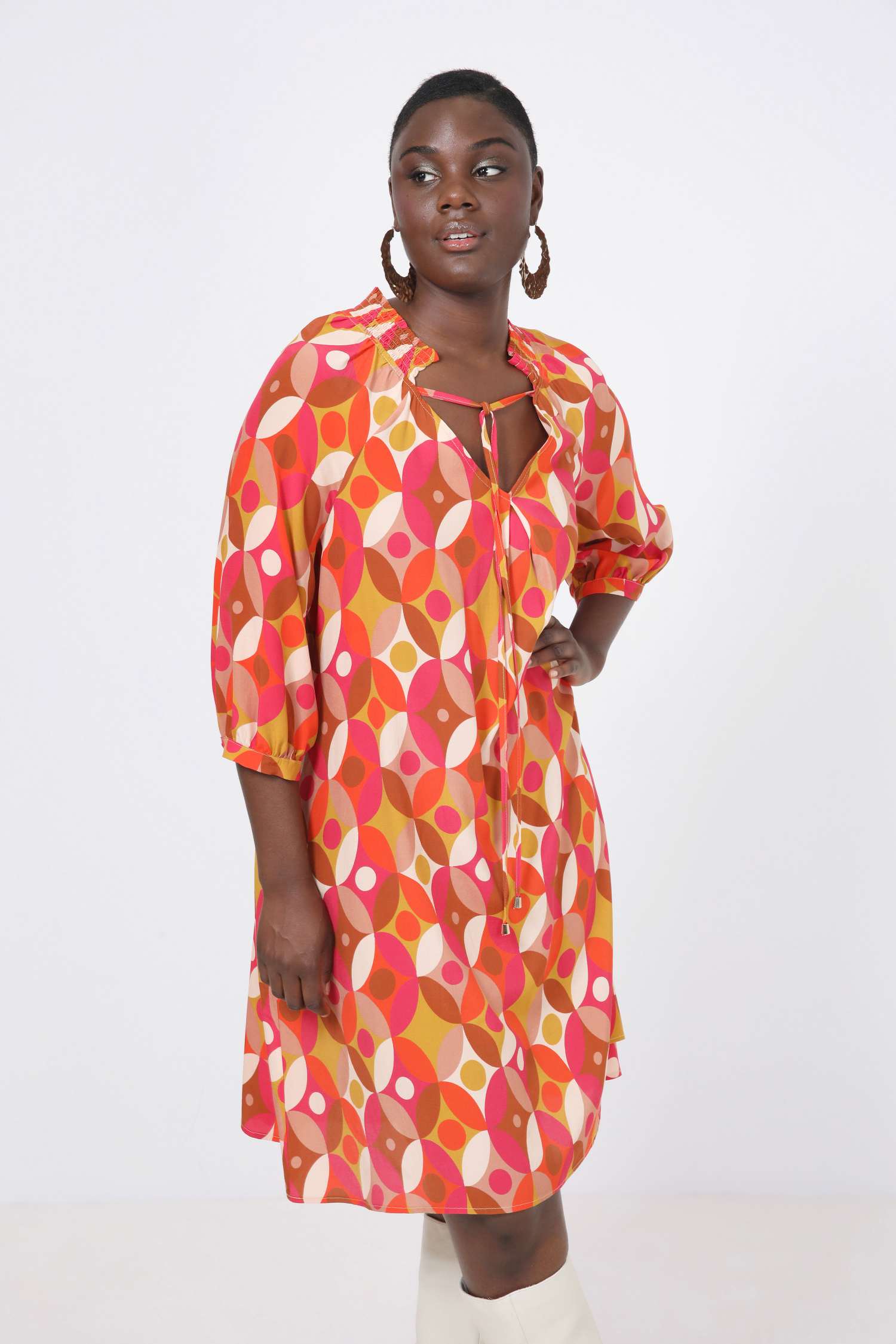 Printed midi dress with smocked collar