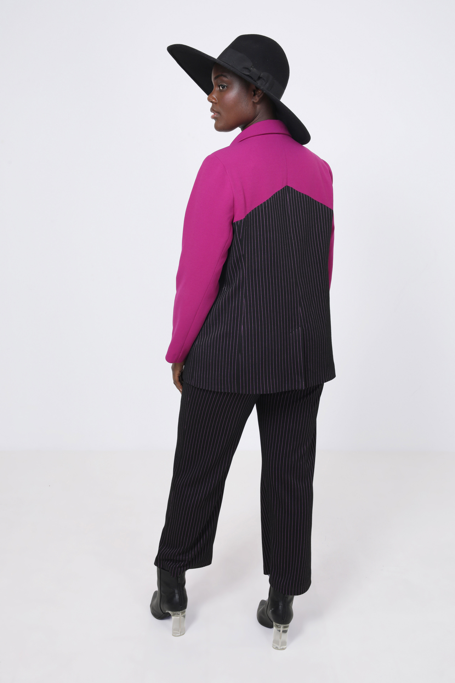 Two-tone striped/magenta knit suit jacket