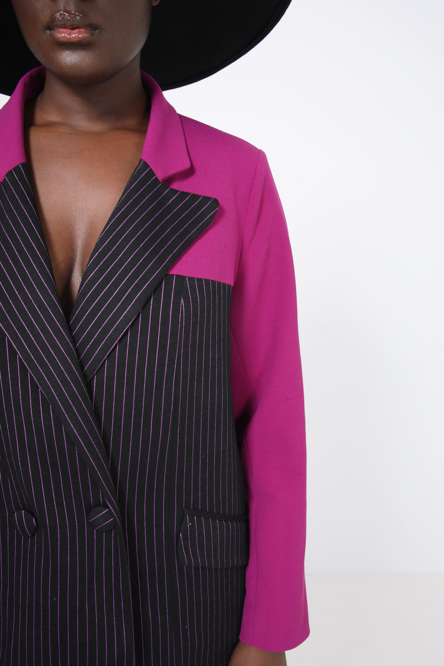 Two-tone striped/magenta knit suit jacket