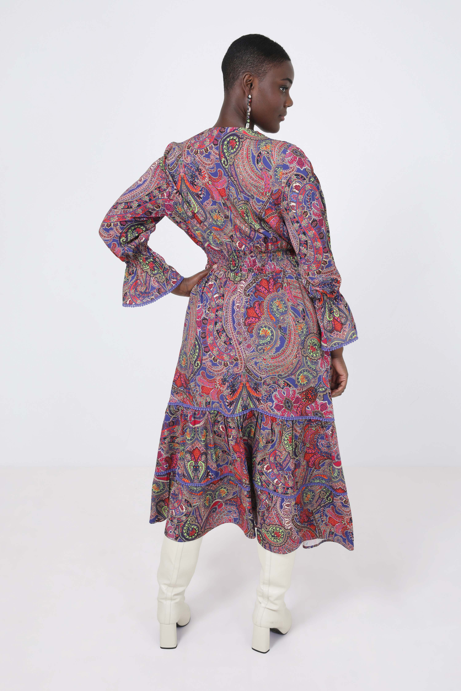 Long printed dress with smocking at the waist