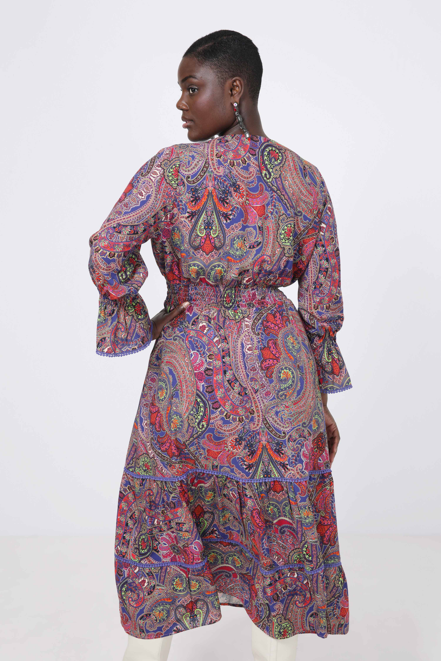 Long printed dress with smocking at the waist