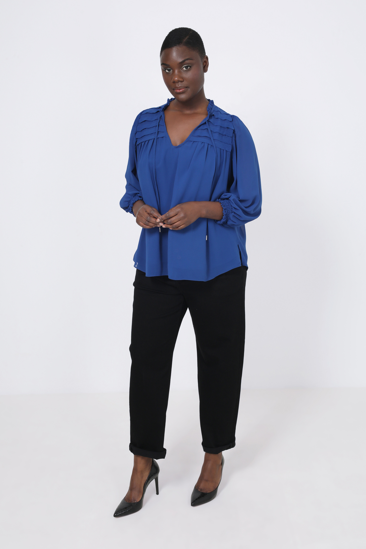 Plain voile blouse with pleats on the shoulder