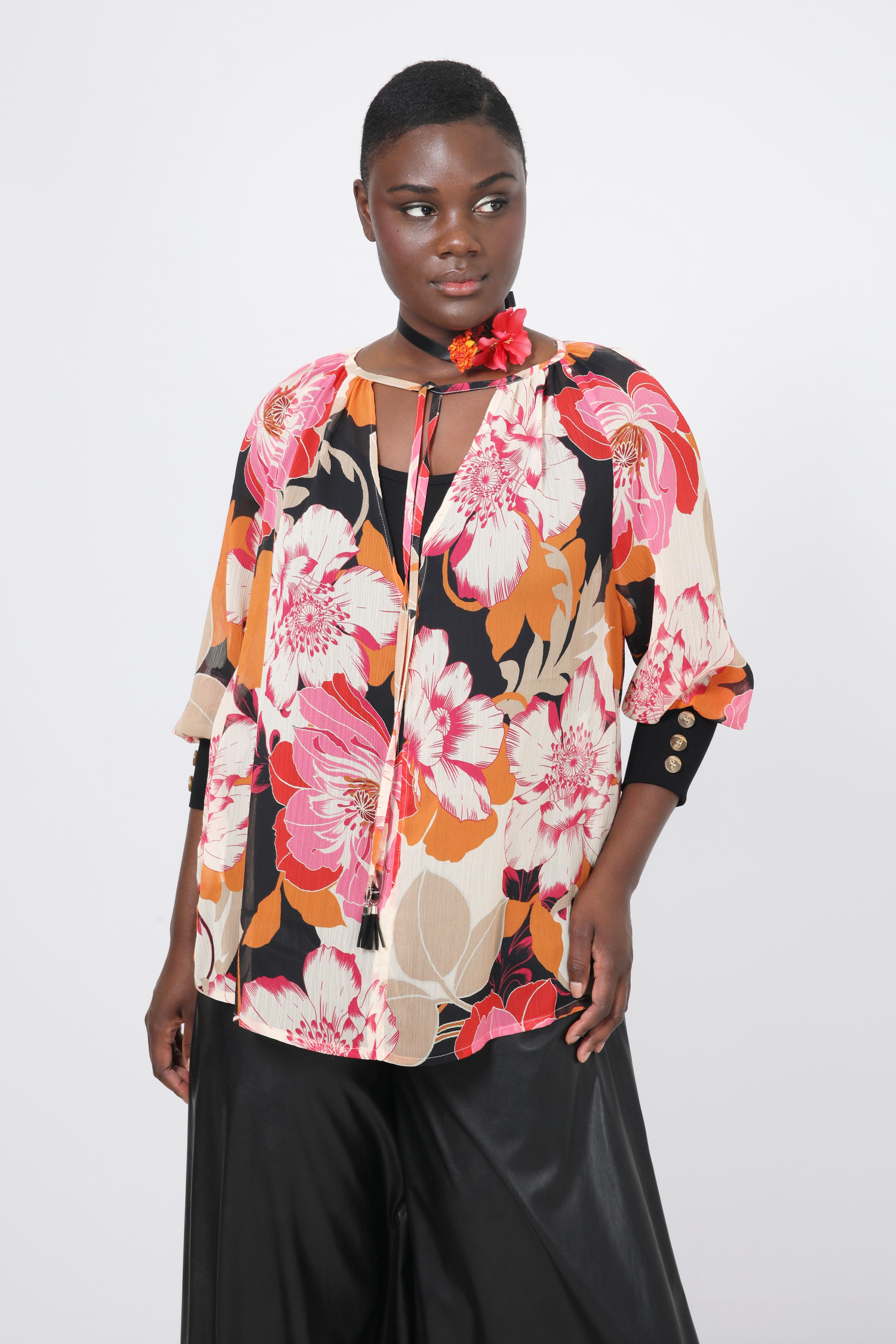 Printed voile blouse with floral mesh top