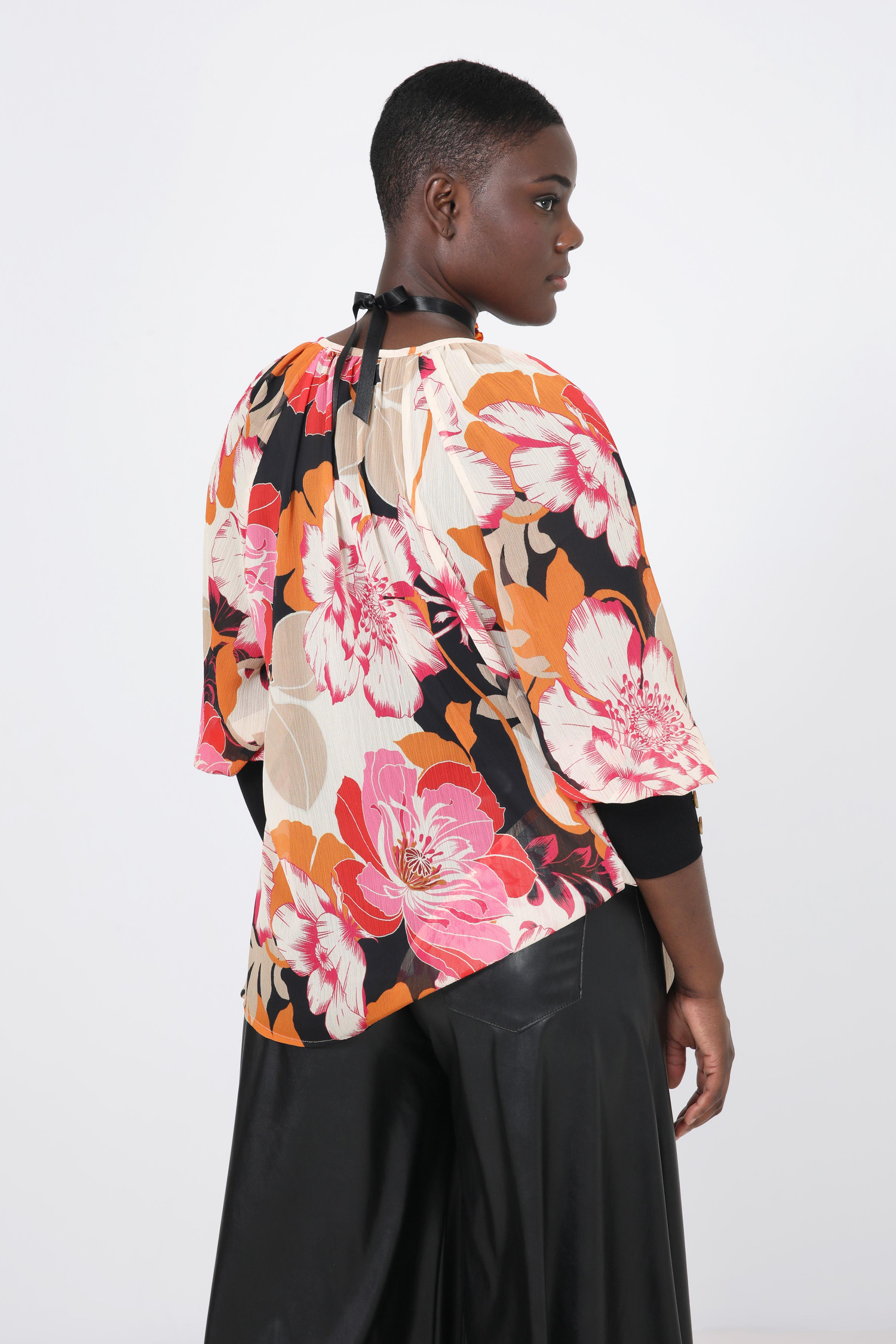 Printed voile blouse with floral mesh top