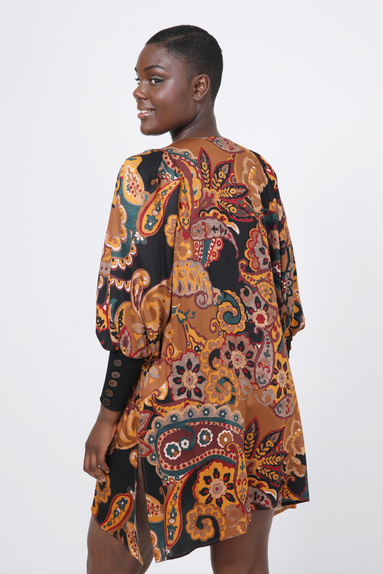 Printed trapeze tunic with ribbed cuff