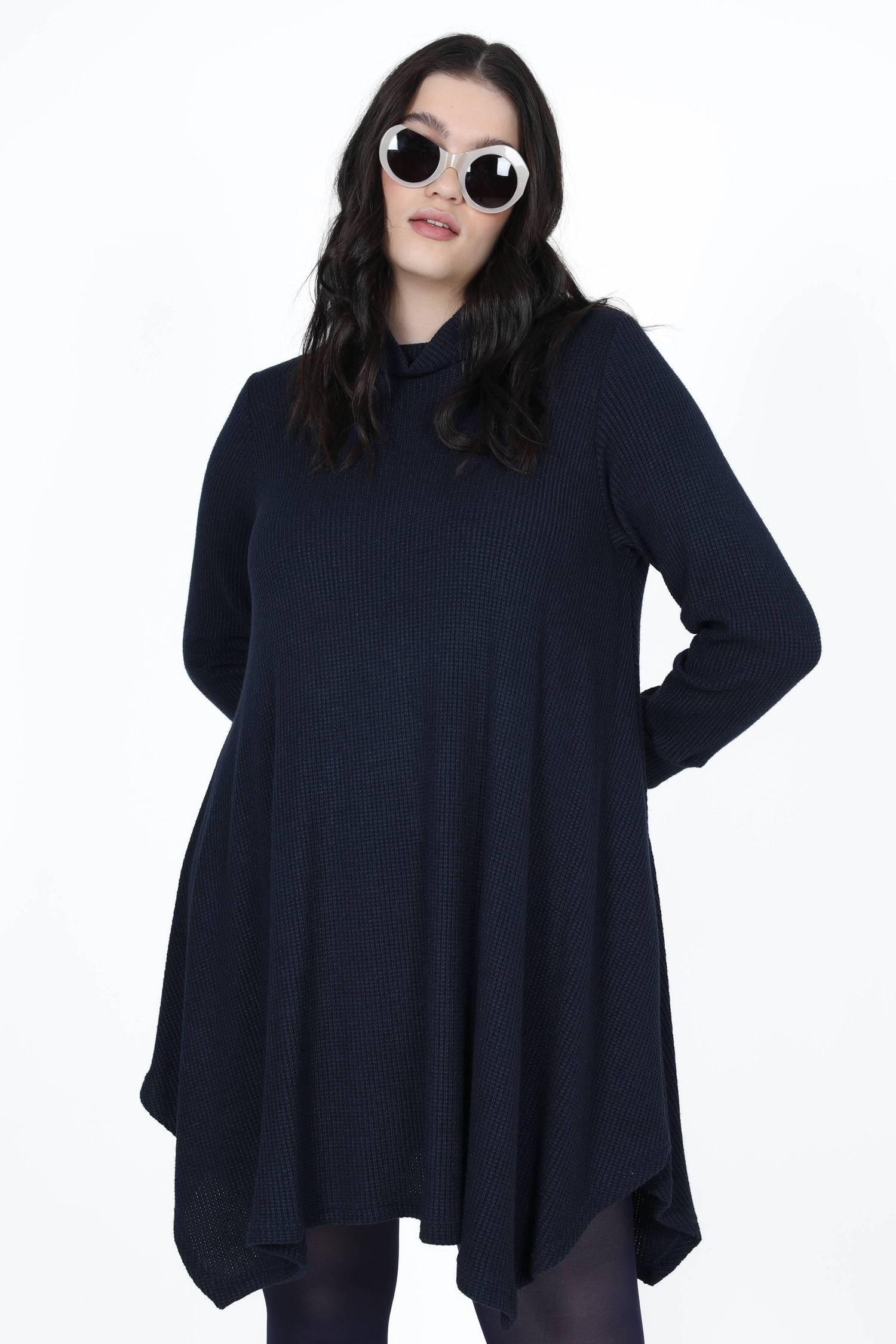 honeycomb knit turtleneck trapeze dress