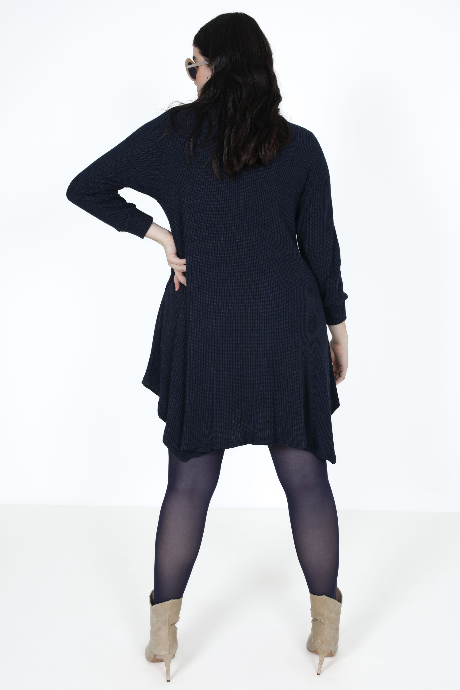 honeycomb knit turtleneck trapeze dress