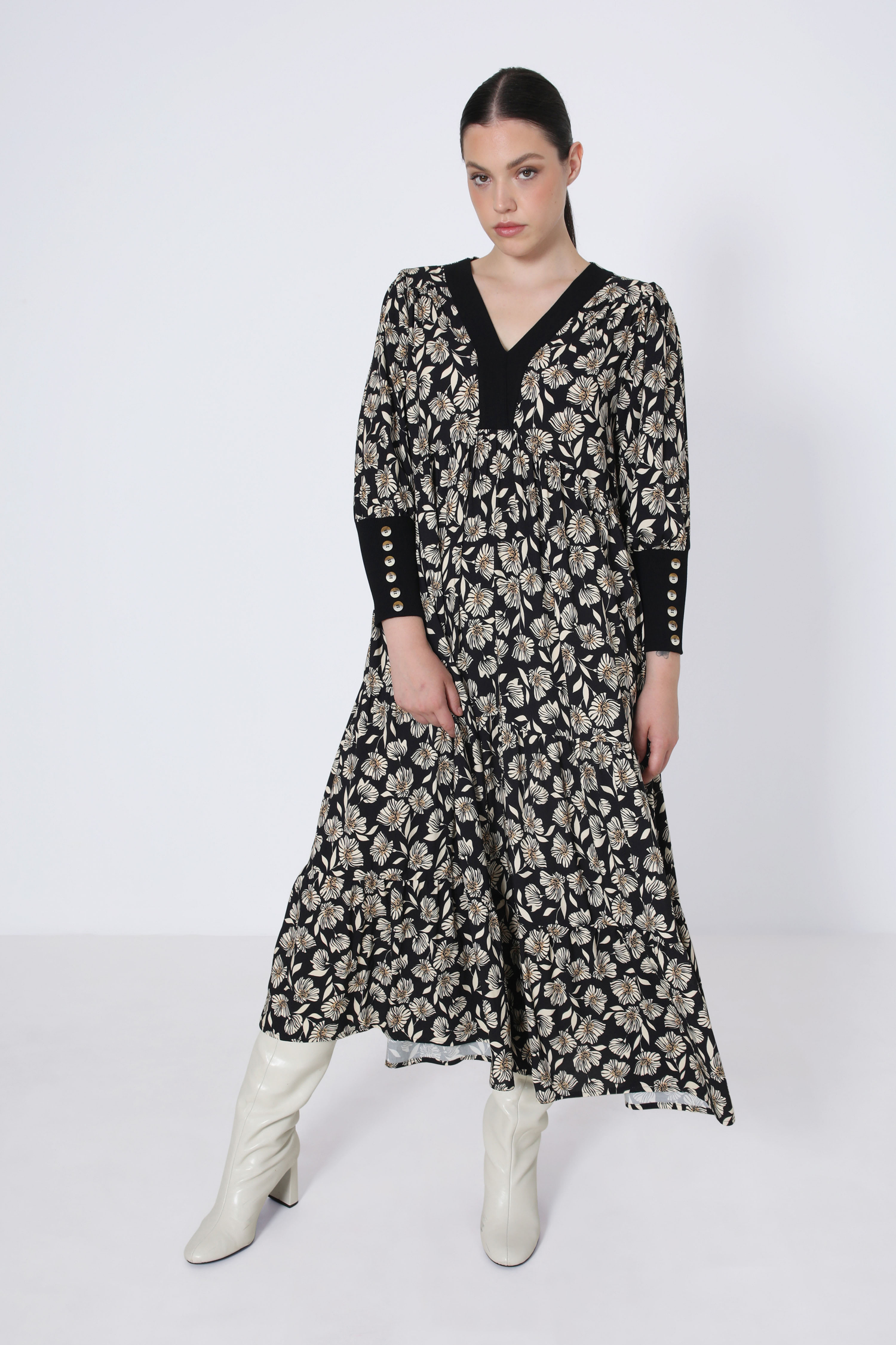 Long printed dress with plain 2/2 dimension