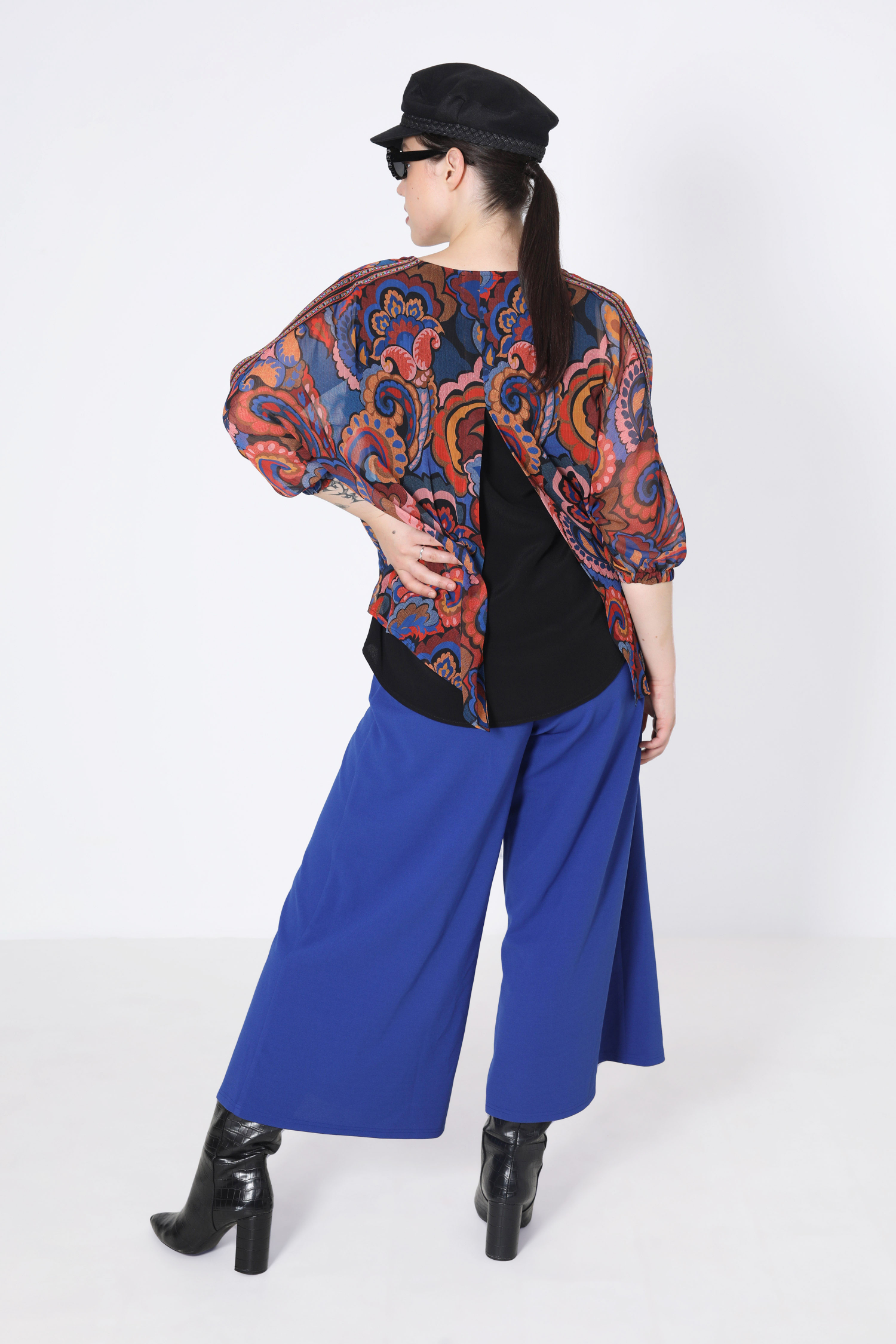 T-shaped printed voile blouse with layering effect