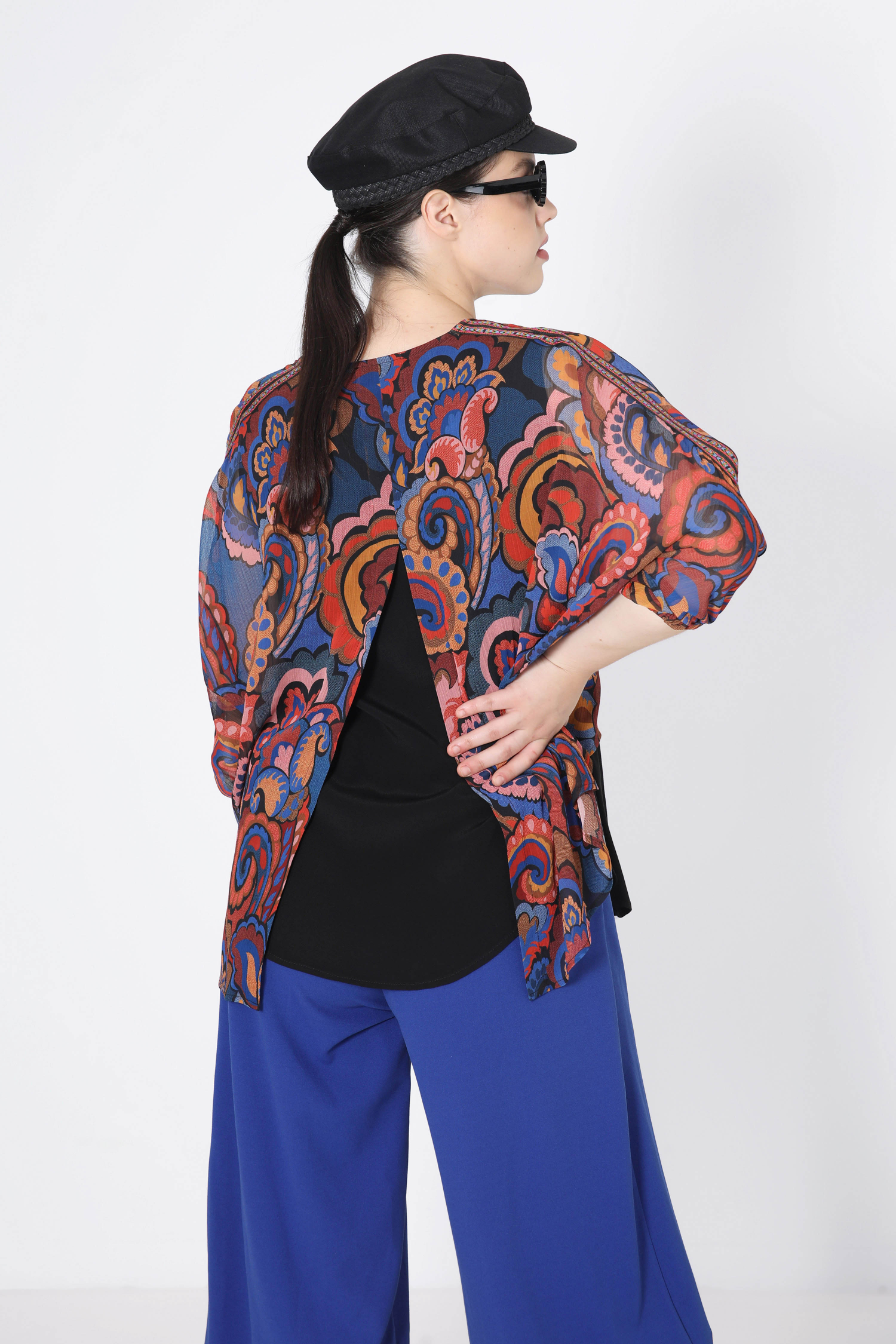T-shaped printed voile blouse with layering effect