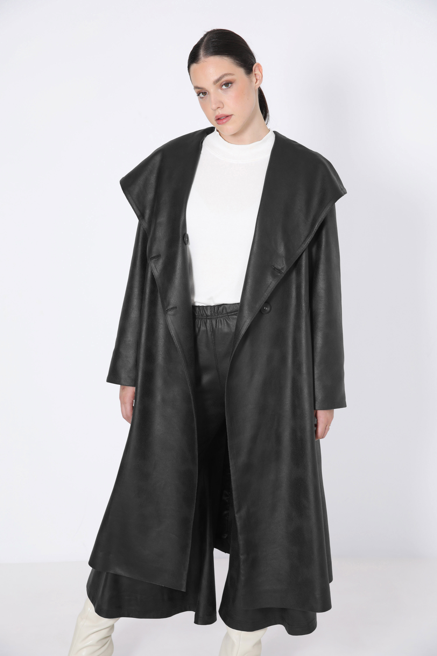 long faux leather coat with shawl collar