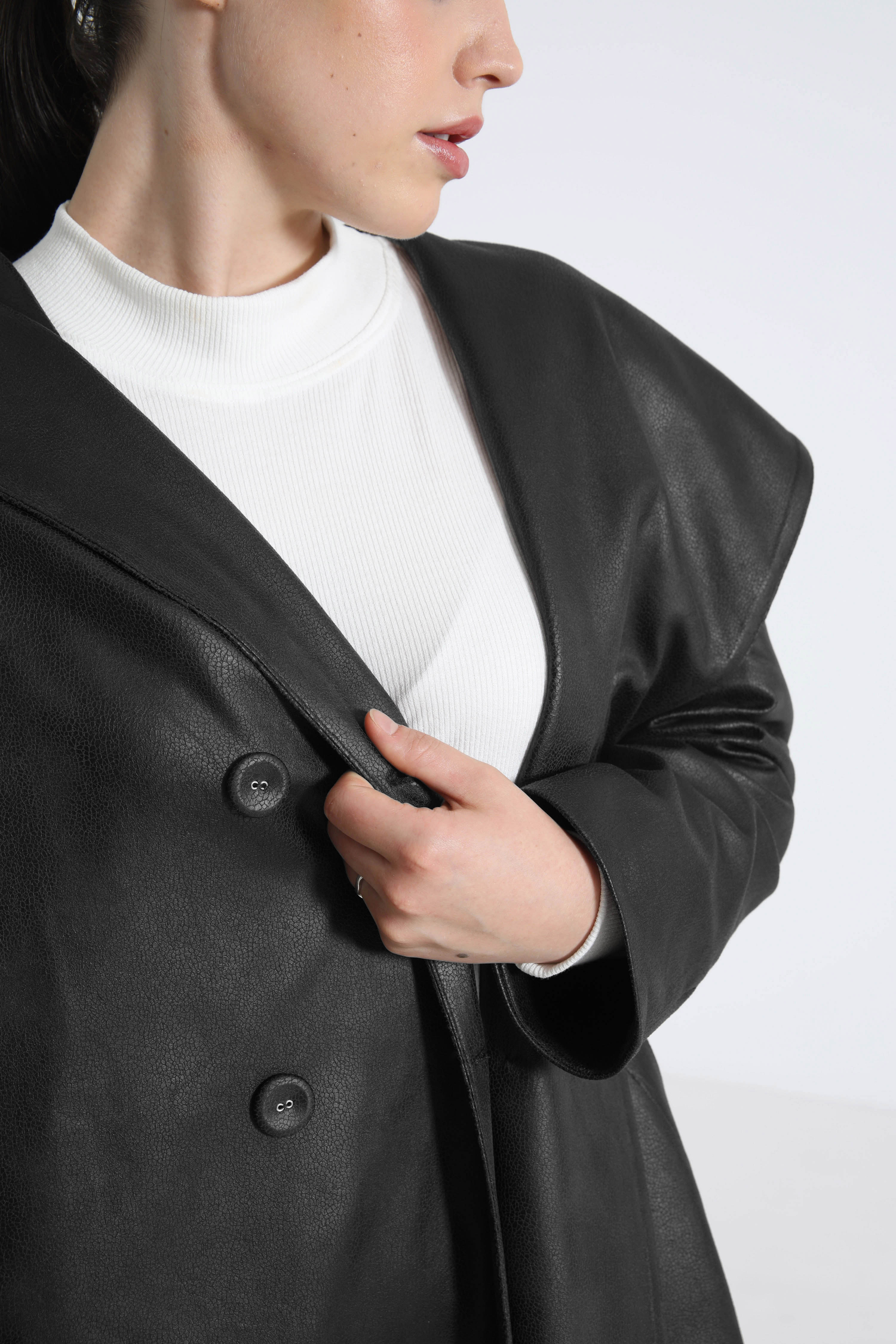 long faux leather coat with shawl collar